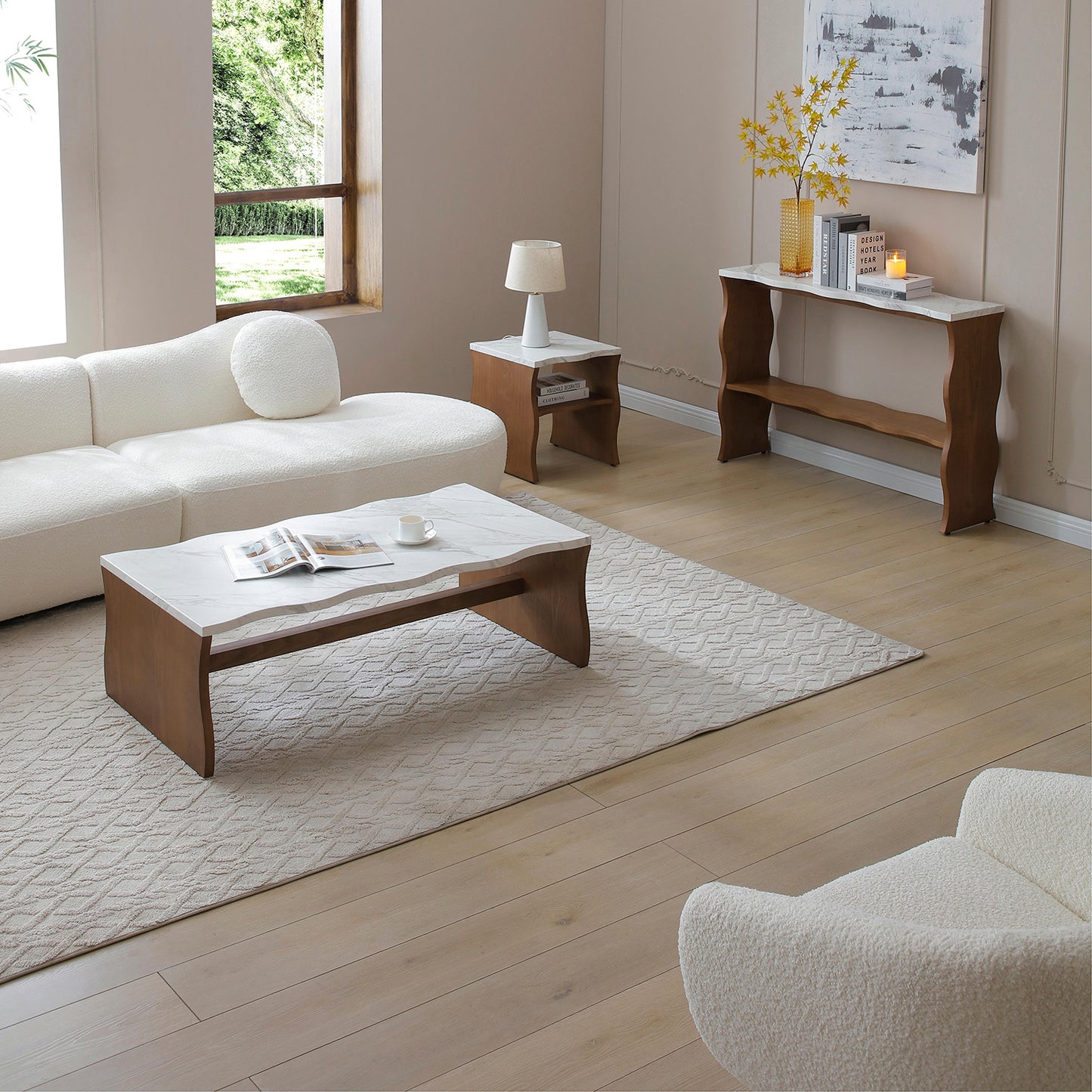 Modern Faux Marble Coffee Table  End Table Set | White Marble Top, Solid Wood Veneered Base – Flowing Wave Design, Natural/Walnut