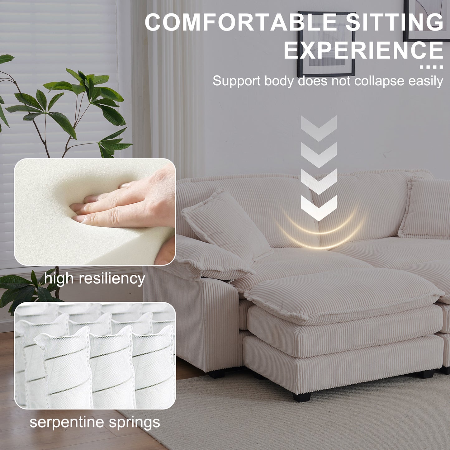 Corduroy 2-seats sofa With 2 back pillows,2 toss pillows and two ottoman