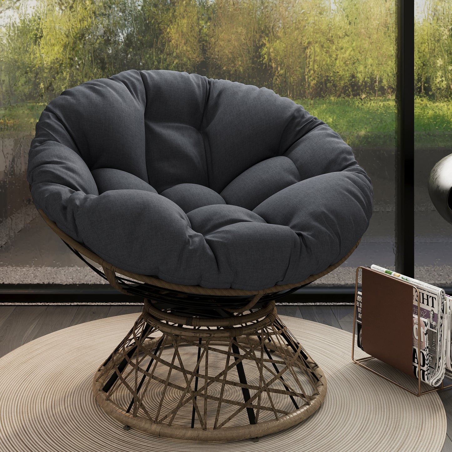 360 Degree Swivel Ergonomic Wicker Chair with Cloud Thick Density Fabric Cushion