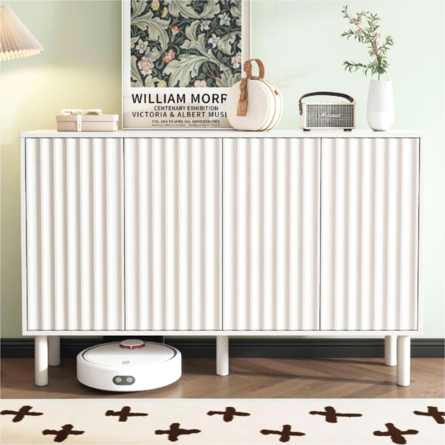 Shoe Cabinet with 5 Solid Wood Legs | Cream Style Sideboard Buffet Cabinet with Fluted Doors – Large 4-Door Storage Cabinet with Adjustable Shelves