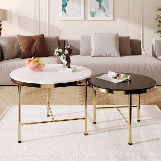 Black & White Sintered Stone Top Coffee Tables: Modern, Gold - Based Nesting Set
