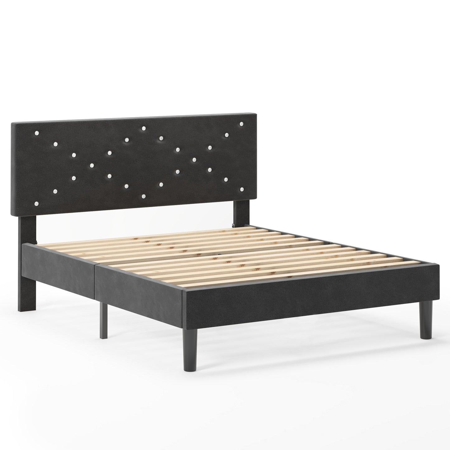 Modern Platform Bed Frame with Upholstered Headboard and Wooden Slats - Skip Box Spring, Easy Assembly