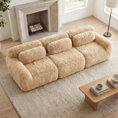 2-4 Seat Soft  Fluffy Plush Boneless Sofa – Modular Sectional with Throw Pillows, 32D High-Density Sponge, No Assembly, Anti-Slip Buckle Connection