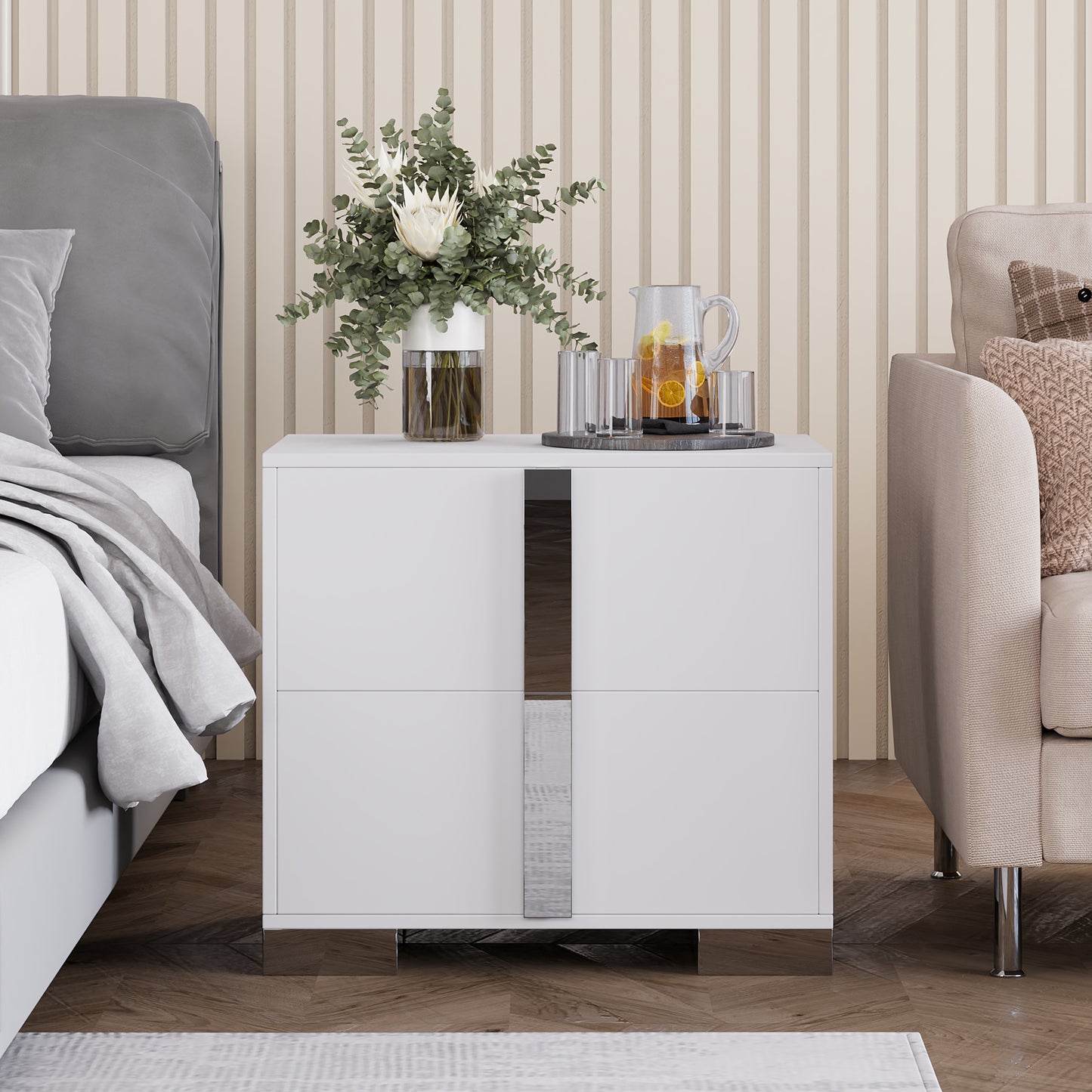 Nightstand with Metal Foot &amp; Mirrored Metal Handles | 2-Drawer Wood Bedside Table – White/Grey/Black, Silent Slides