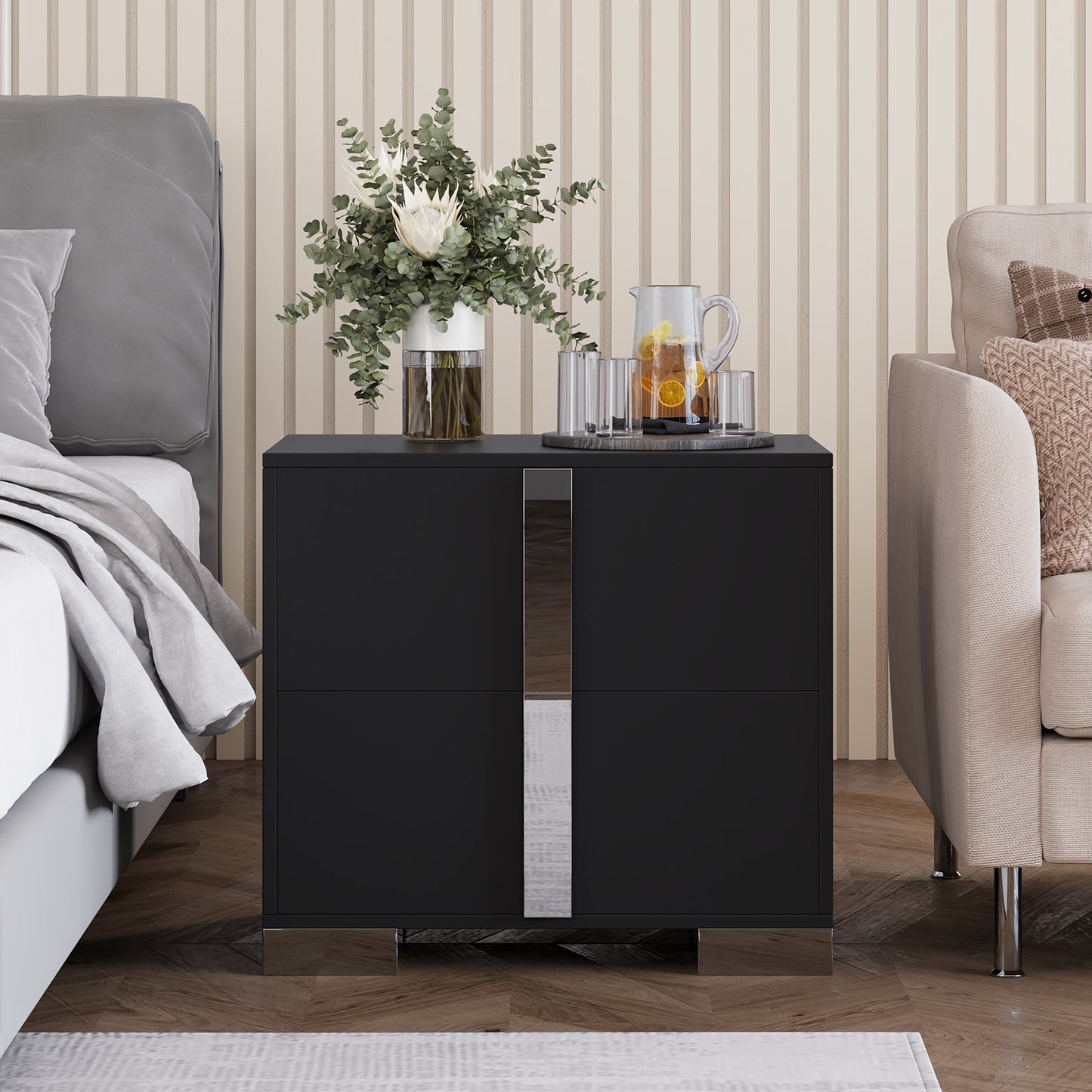 Nightstand with Metal Foot &amp; Mirrored Metal Handles | 2-Drawer Wood Bedside Table – White/Grey/Black, Silent Slides