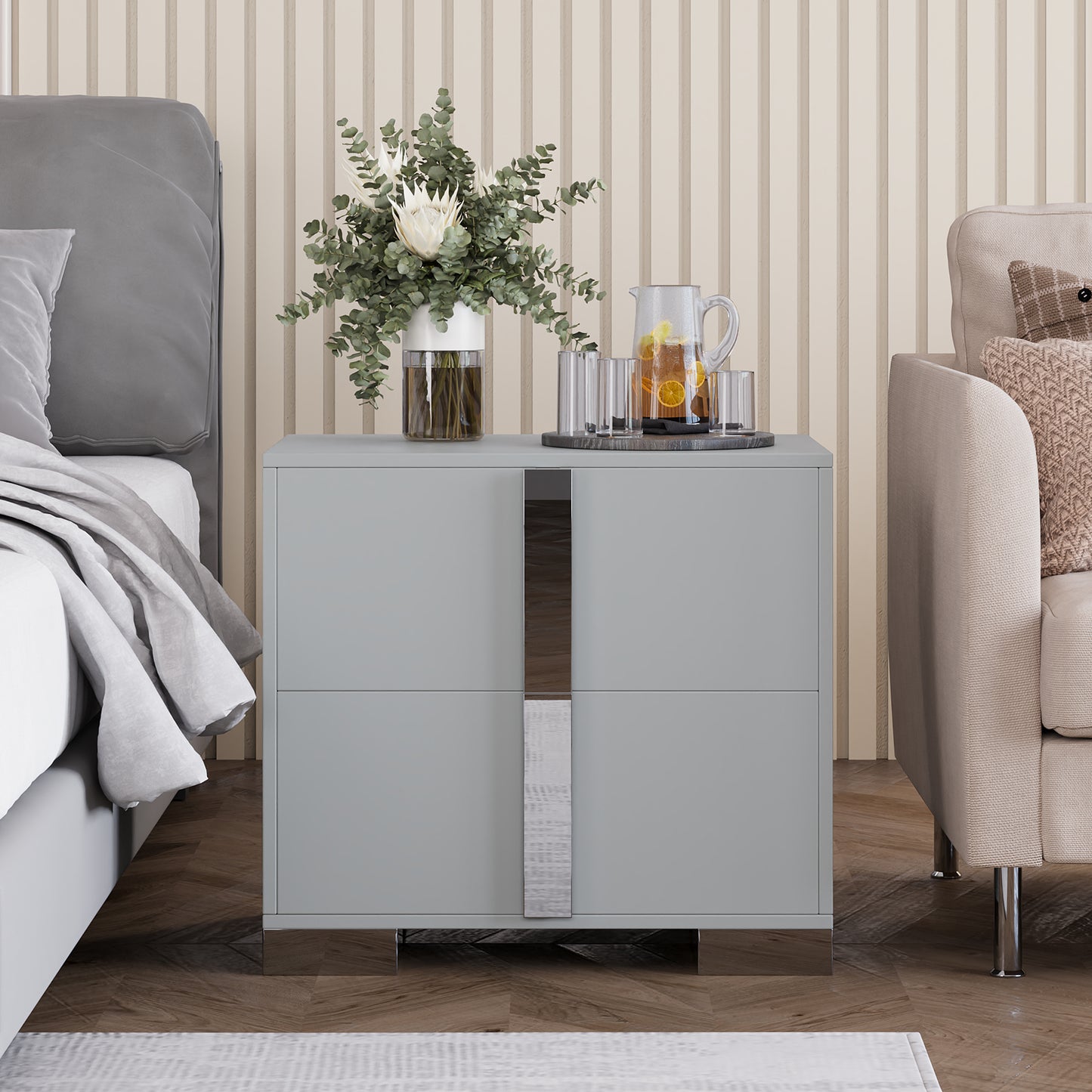 Nightstand with Metal Foot &amp; Mirrored Metal Handles | 2-Drawer Wood Bedside Table – White/Grey/Black, Silent Slides