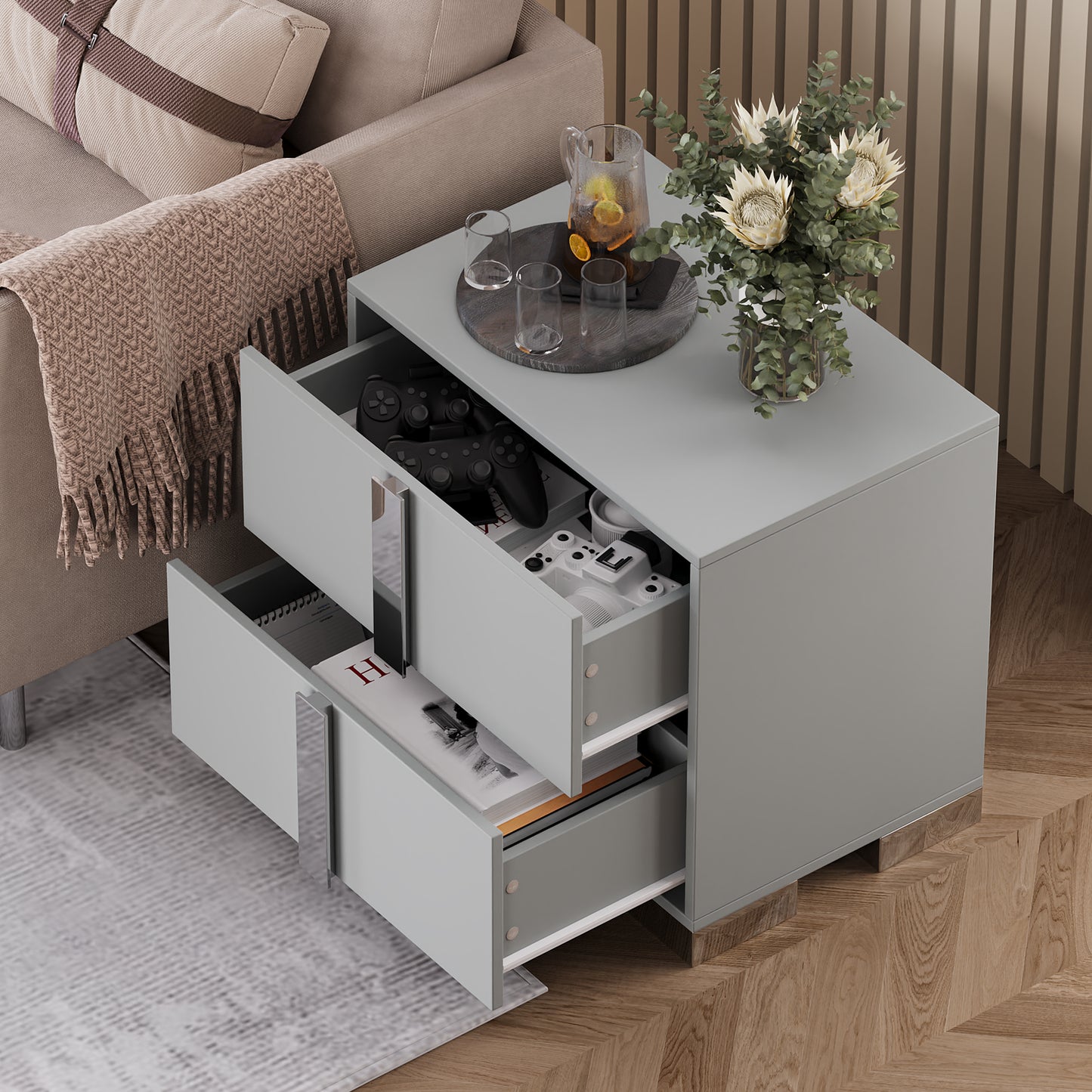Nightstand with Metal Foot &amp; Mirrored Metal Handles | 2-Drawer Wood Bedside Table – White/Grey/Black, Silent Slides