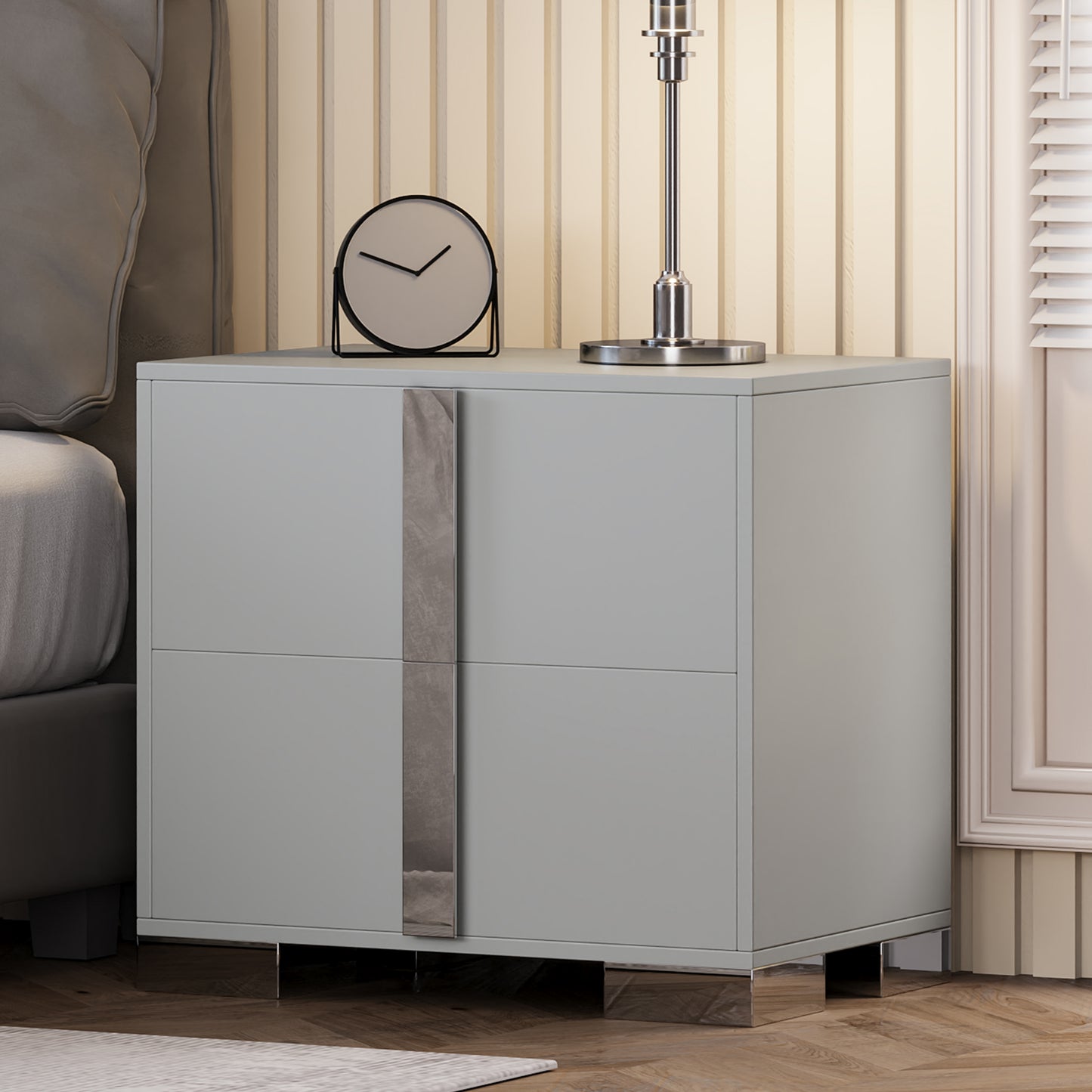 Nightstand with Metal Foot &amp; Mirrored Metal Handles | 2-Drawer Wood Bedside Table – White/Grey/Black, Silent Slides