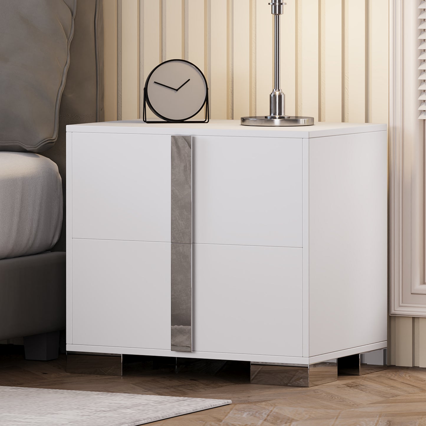 Nightstand with Metal Foot &amp; Mirrored Metal Handles | 2-Drawer Wood Bedside Table – White/Grey/Black, Silent Slides