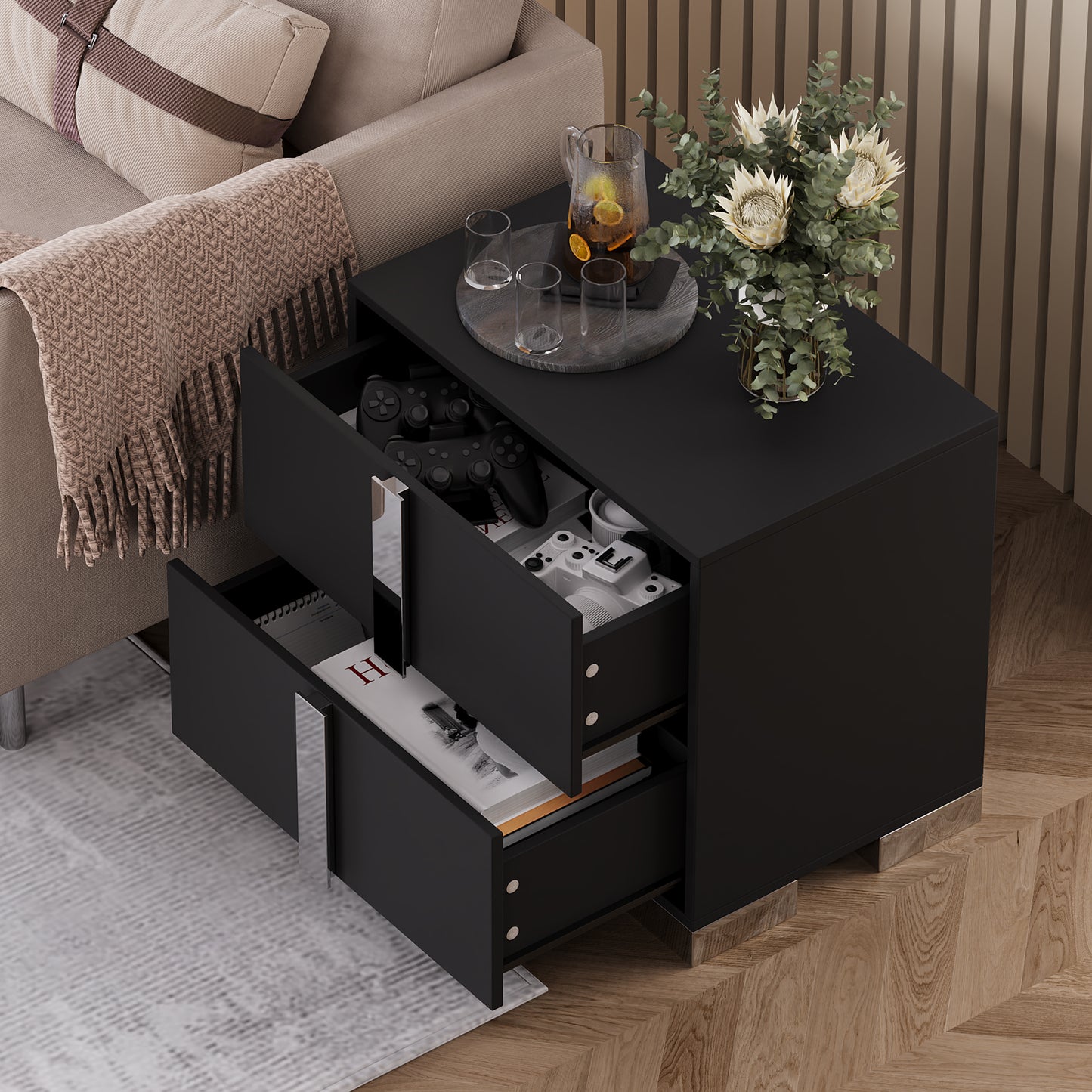 Nightstand with Metal Foot &amp; Mirrored Metal Handles | 2-Drawer Wood Bedside Table – White/Grey/Black, Silent Slides