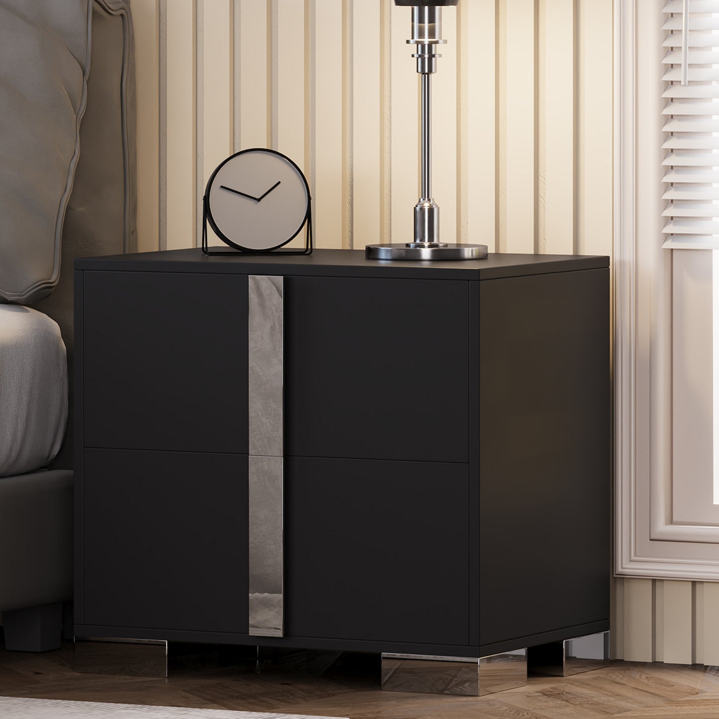 Nightstand with Metal Foot &amp; Mirrored Metal Handles | 2-Drawer Wood Bedside Table – White/Grey/Black, Silent Slides