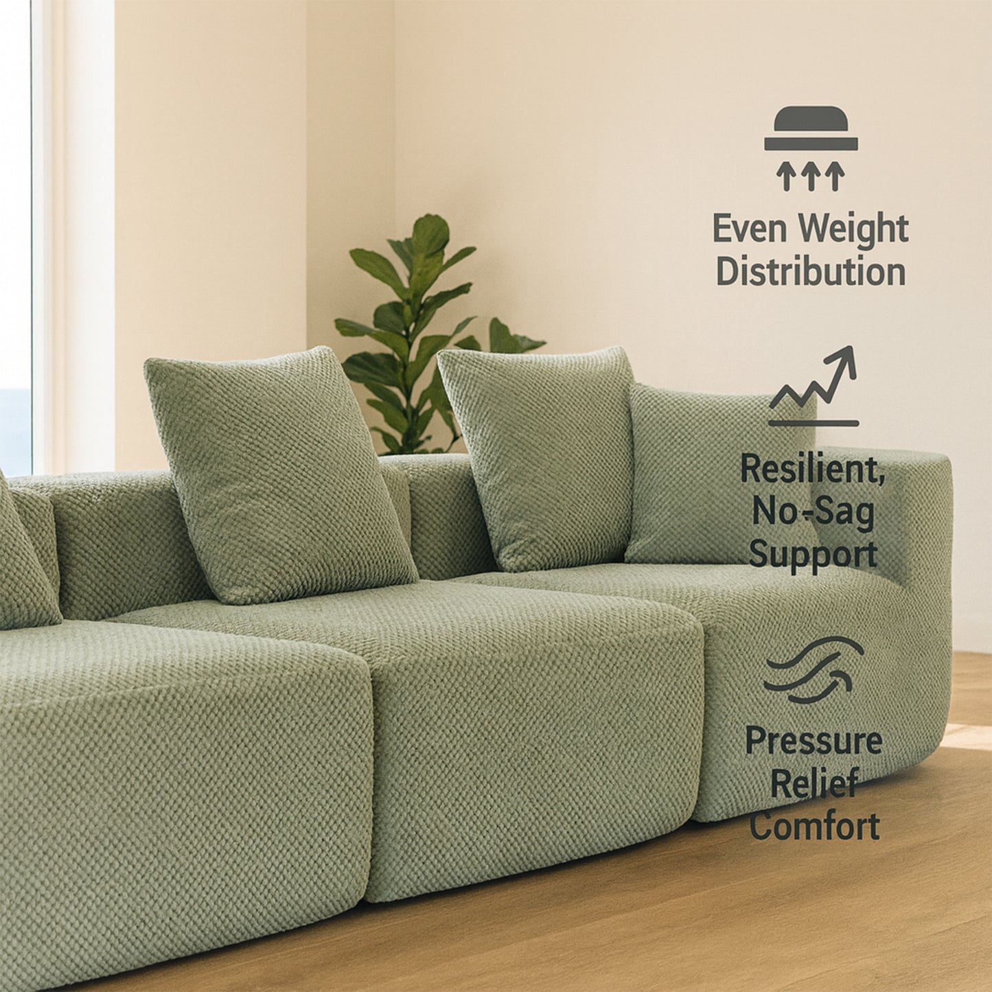 Modular 3-4 Seat Sectional Sofa – All-Foam Deep-Seat Couch with Plush Textured Chenille (Light Green)