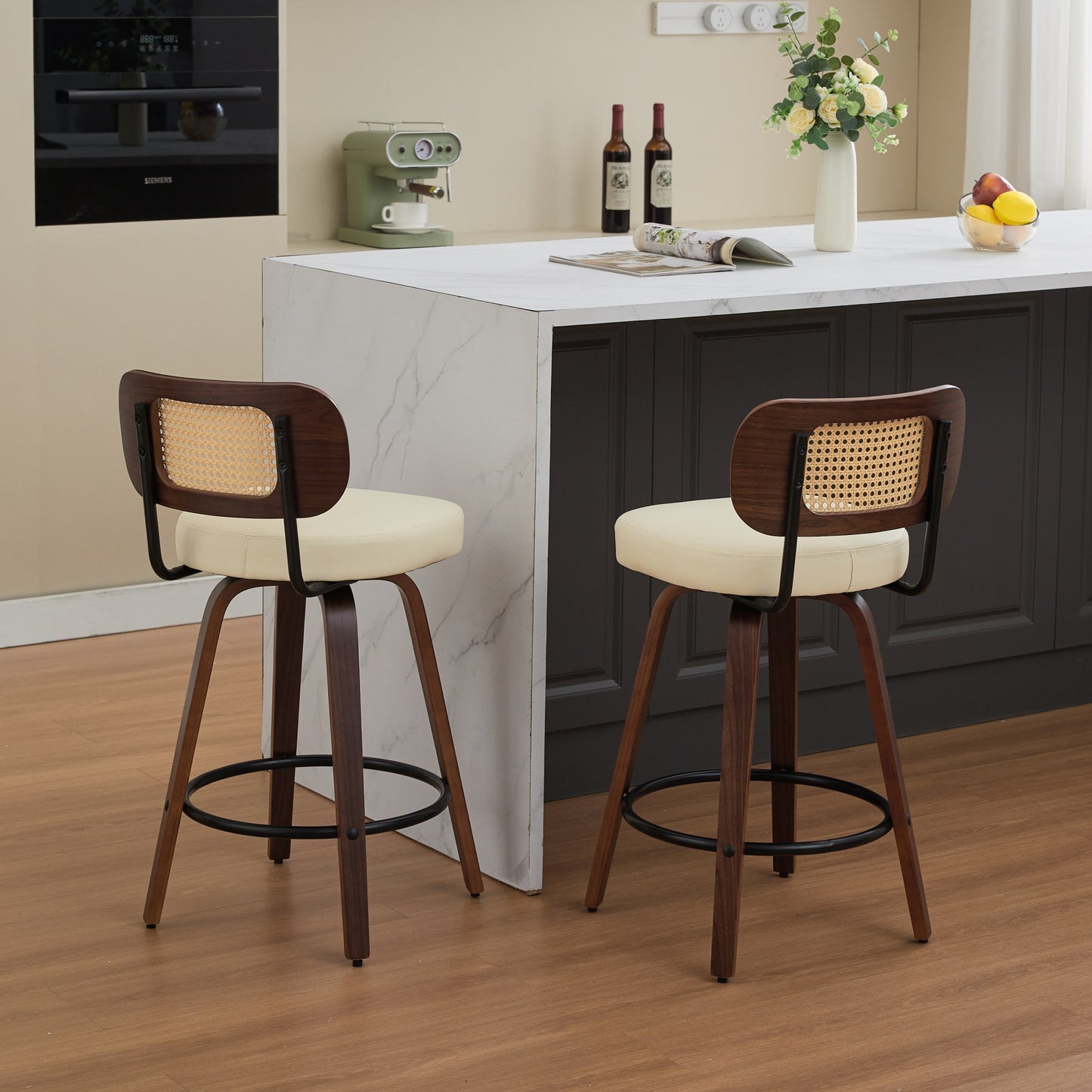 Counter Height Bar Stools with Cane Back, Upholstered Seat Swivel Counter Stools for Island/Kitchen/Counter/Bar