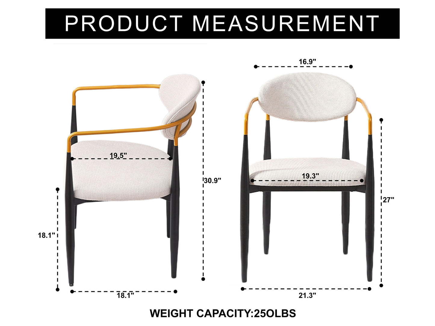 Modern Upholstered Dining Chair with Gold-Accented Armrests Set of 2