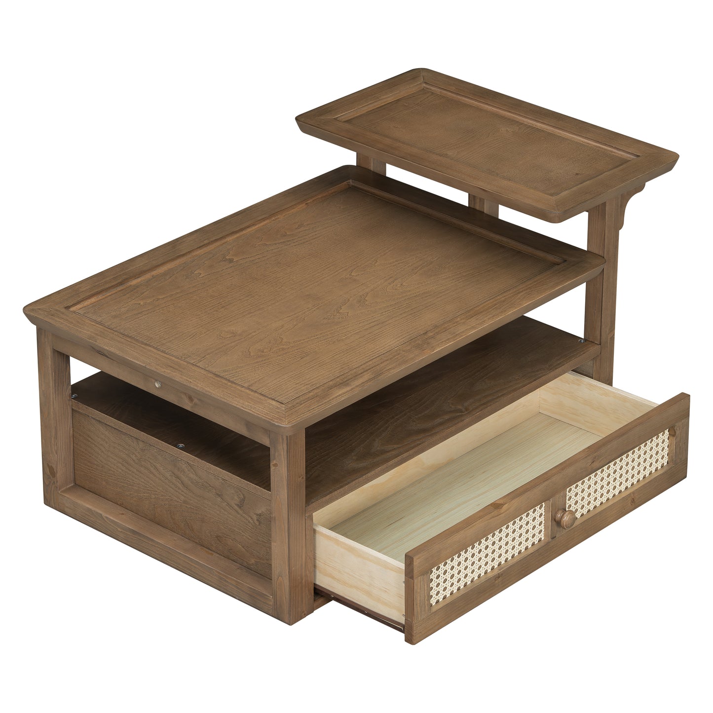 Modern Living Room Coffee Table: 1 Storage Shelf, 2 Tabletops & Rattan Drawer