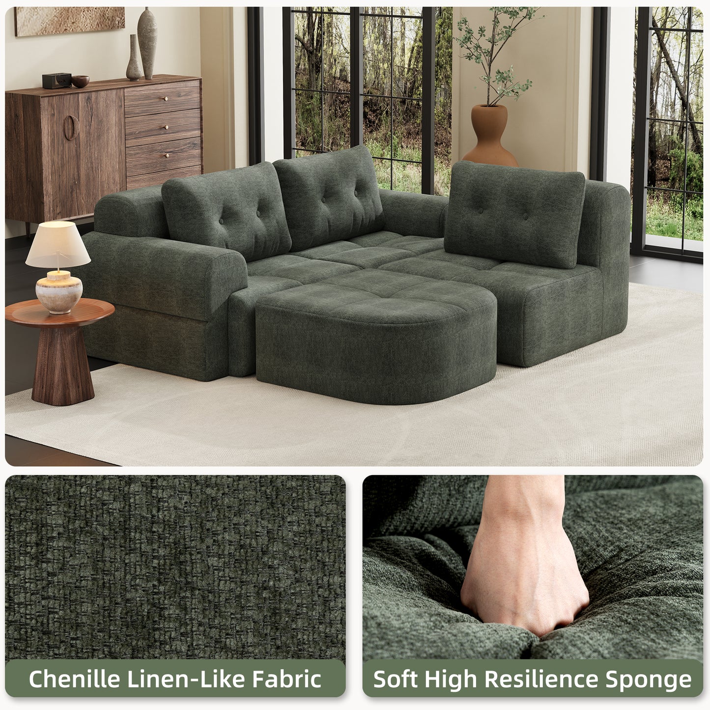 Modular Sectional Sofa with Chaise – Full-Foam Comfort, Chenille Fabric, Compression Packaged