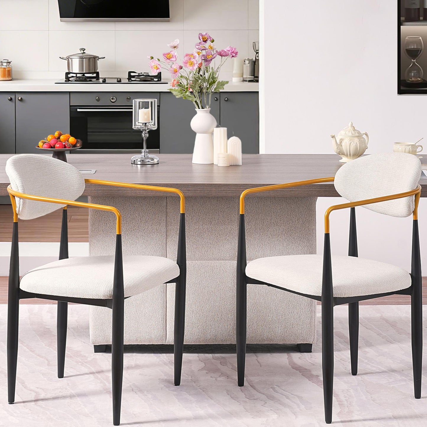 Modern Upholstered Dining Chair with Gold-Accented Armrests Set of 2