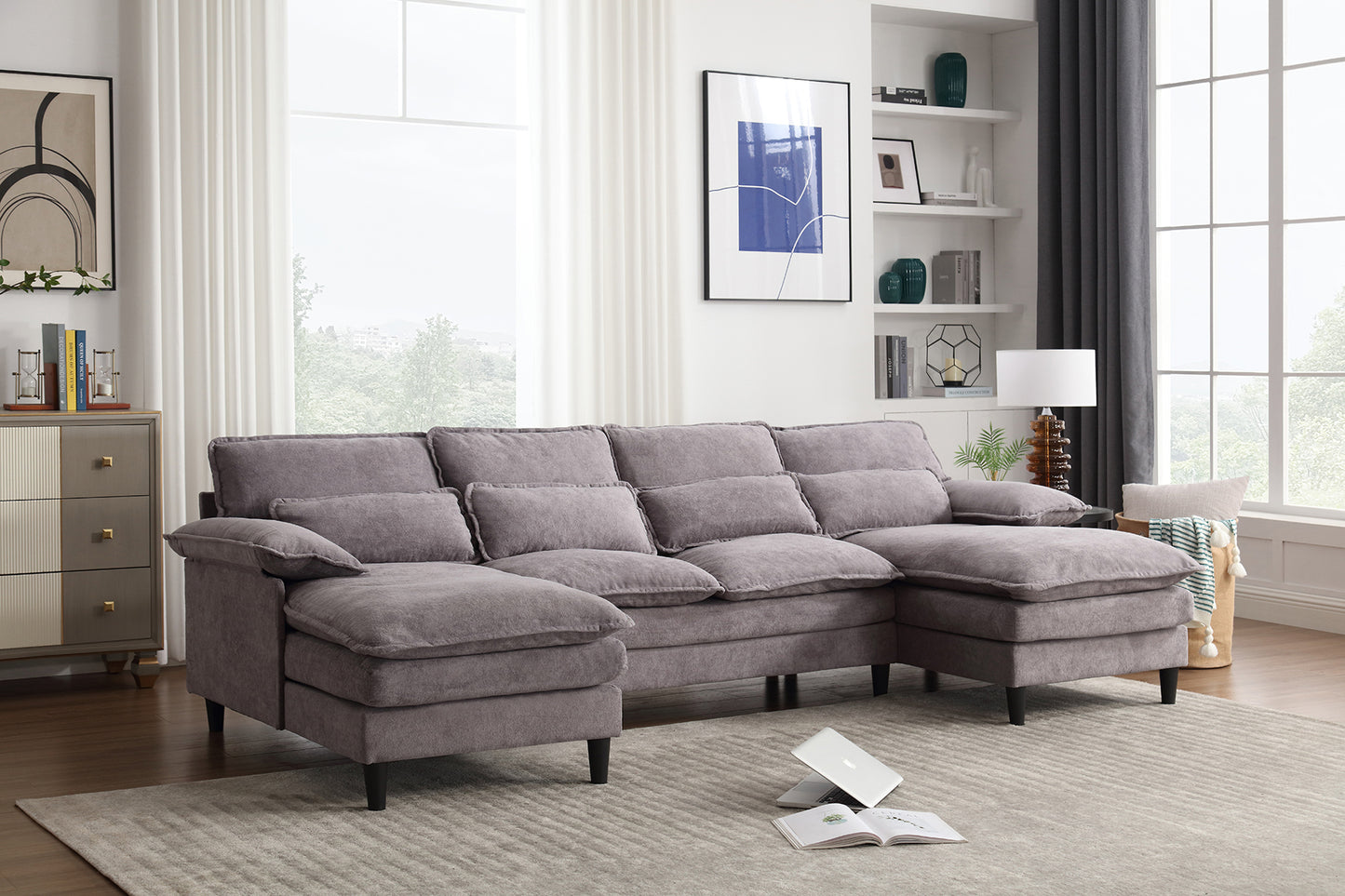 U Shaped Modular Sectional Sofa Couch with 4pcs waist pillows And  Chaise Lounge