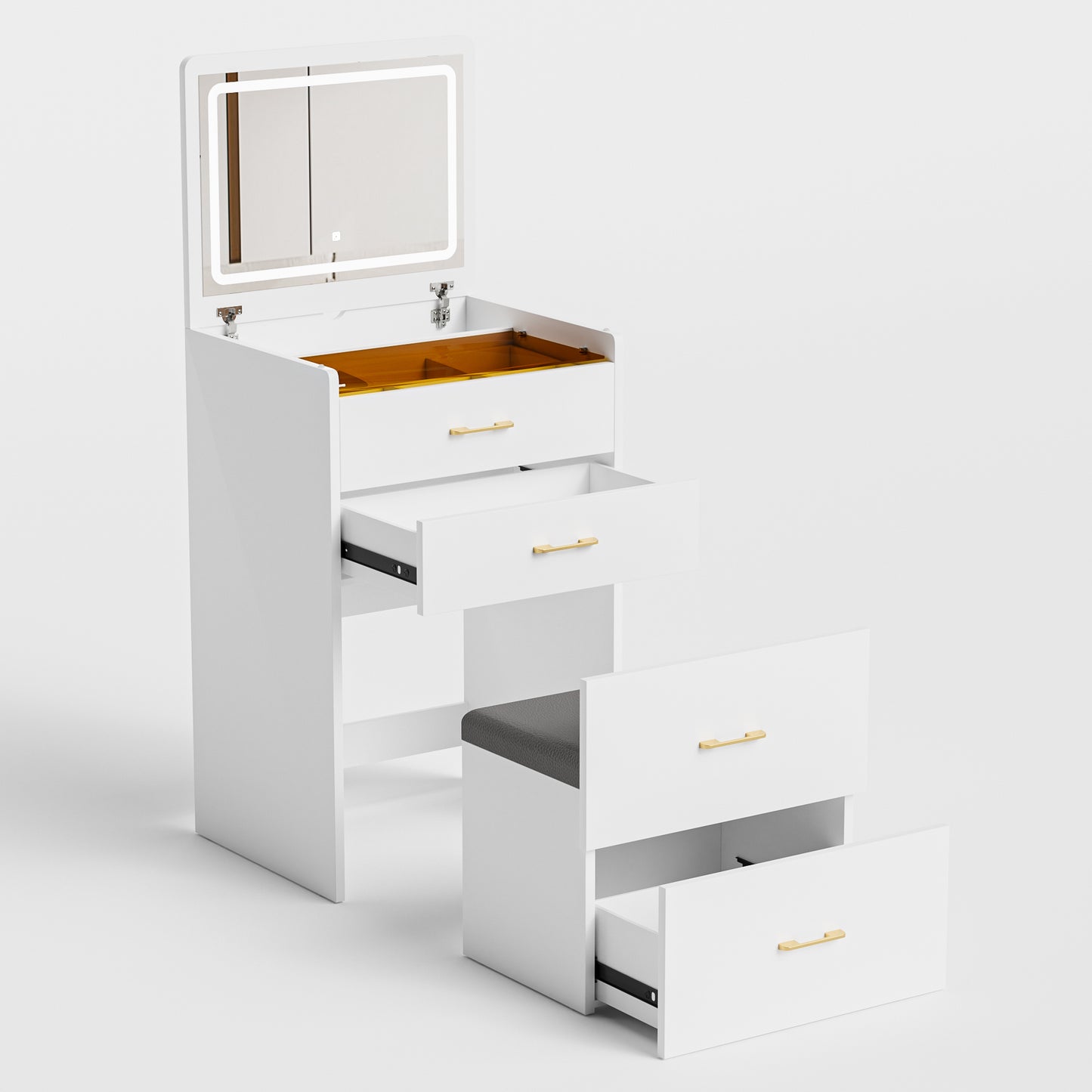 23.6'' Wide Makeup Vanity Table: Flip - Top Lighted, 3 - in - 1 with Storage Stool, Glass, LED, Power Outlet