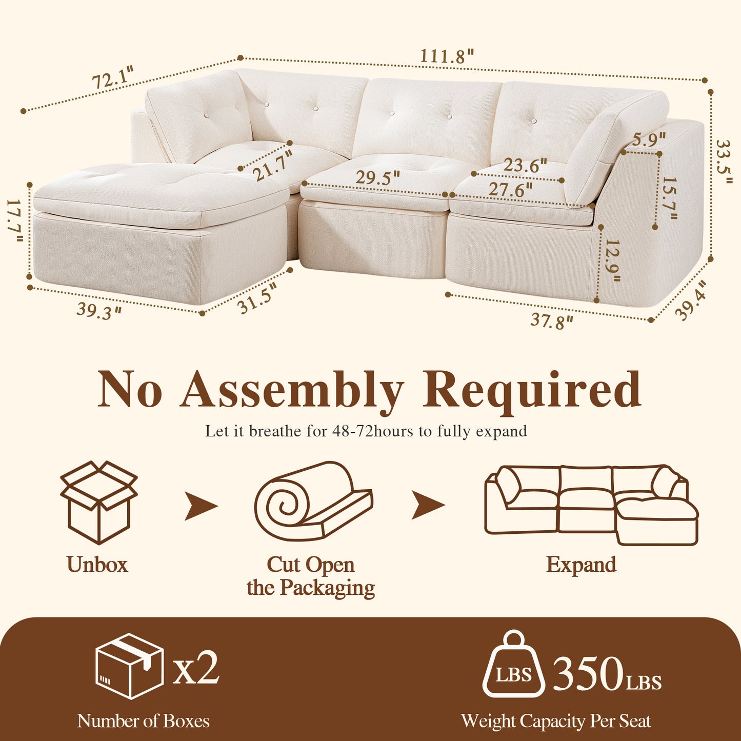 Modern Cloud-Style Living Room Sofa – Deep Seat Convertible L-Shaped Frame-Free Sofa with Ottoman, Oversized 4-Seater Chenille Fabric Compressed Sofa, Modular Sectional Sofa