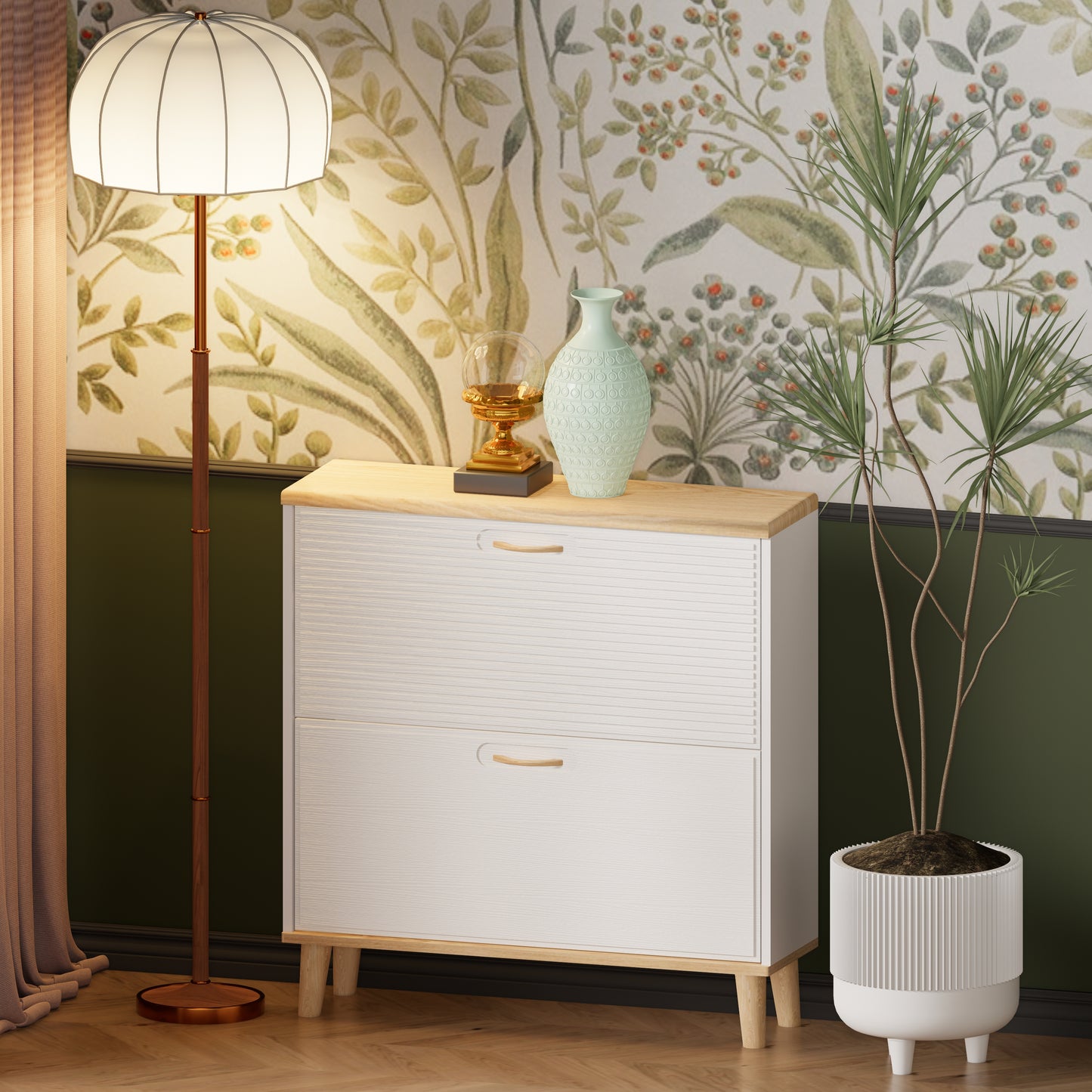 Entryway Shoe Storage: Narrow Cabinet with 2 Flip Drawers, Natural Wood Legs, Holds 8 - 16 Pairs