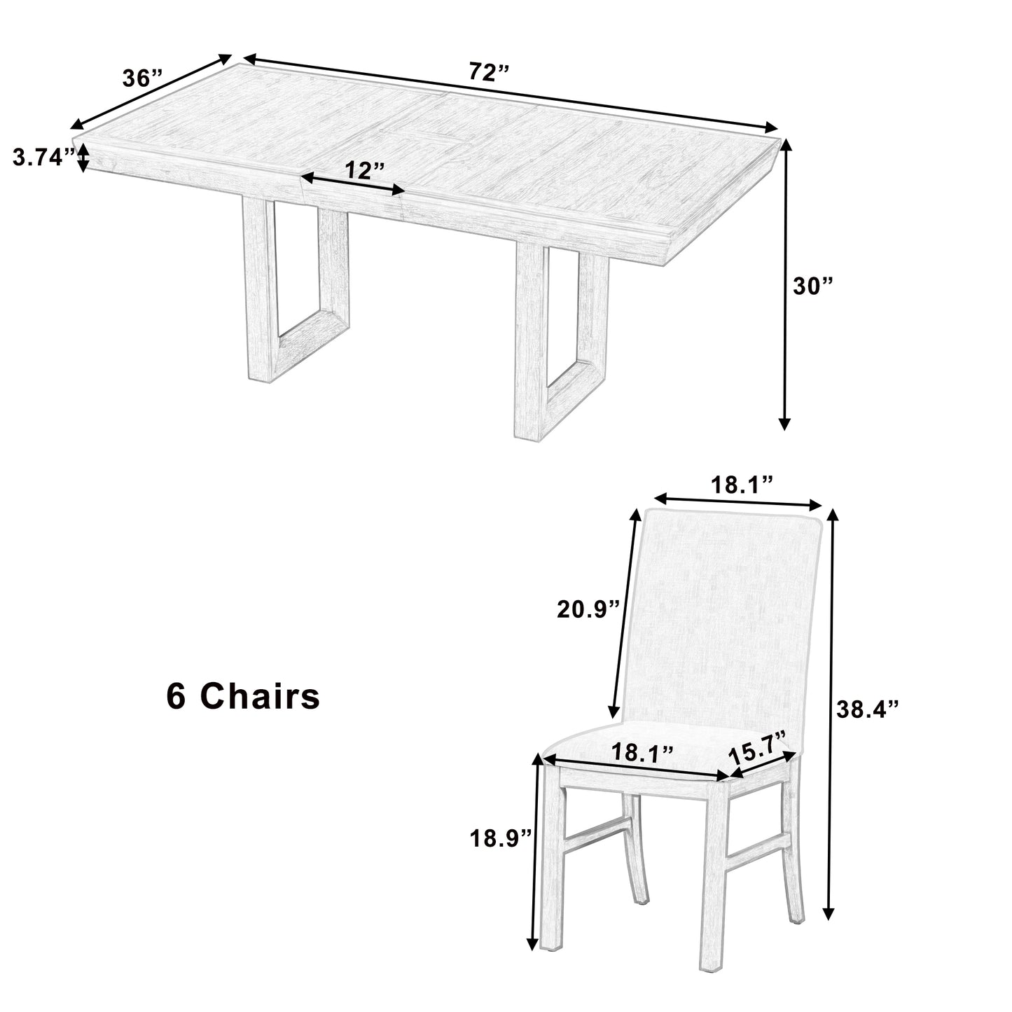 7-Piece Dining Table Set with 72" Extendable Table & 6 Upholstered Chairs