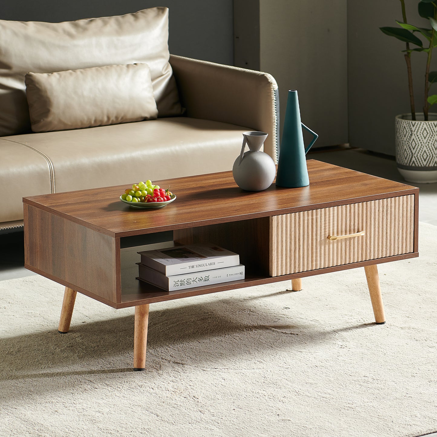 Coffee Table with Sliding Drawer: Rectangle Design, Solid Wood Legs-6 Colors