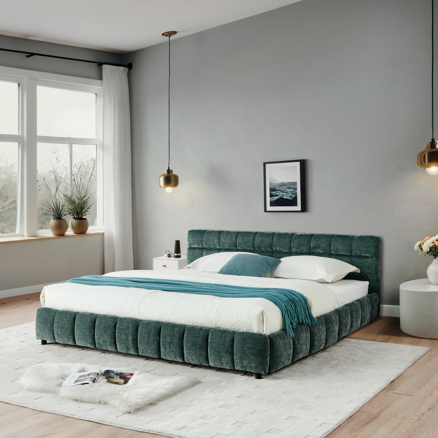 California King size Upholstered Bed Frame, Chenille fabric with headboard and solid bed frame. With drawer for storage
