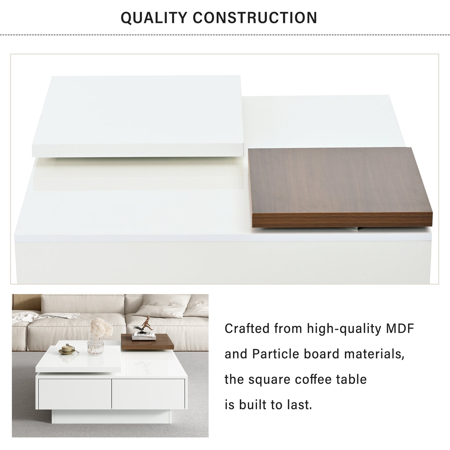 Movable Top Modern Square Wood Coffee Table with 4 Hidden Drawers