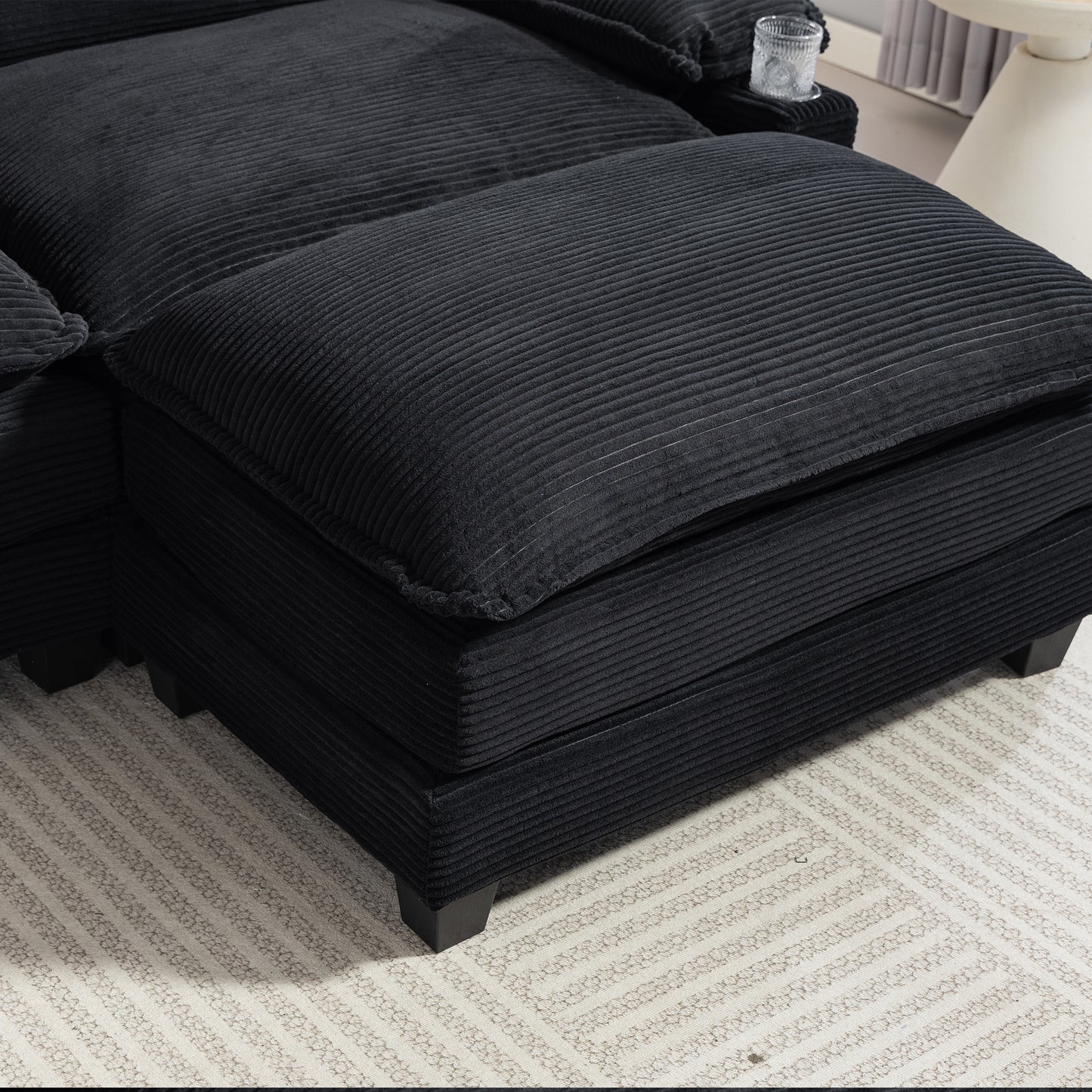 Modern 3+1 L-Shaped Corduroy Fabric Sofa – Modular Sectional Cloud Couch w/Ottoman, 35D Sponge, Cup Holders &amp; Storage