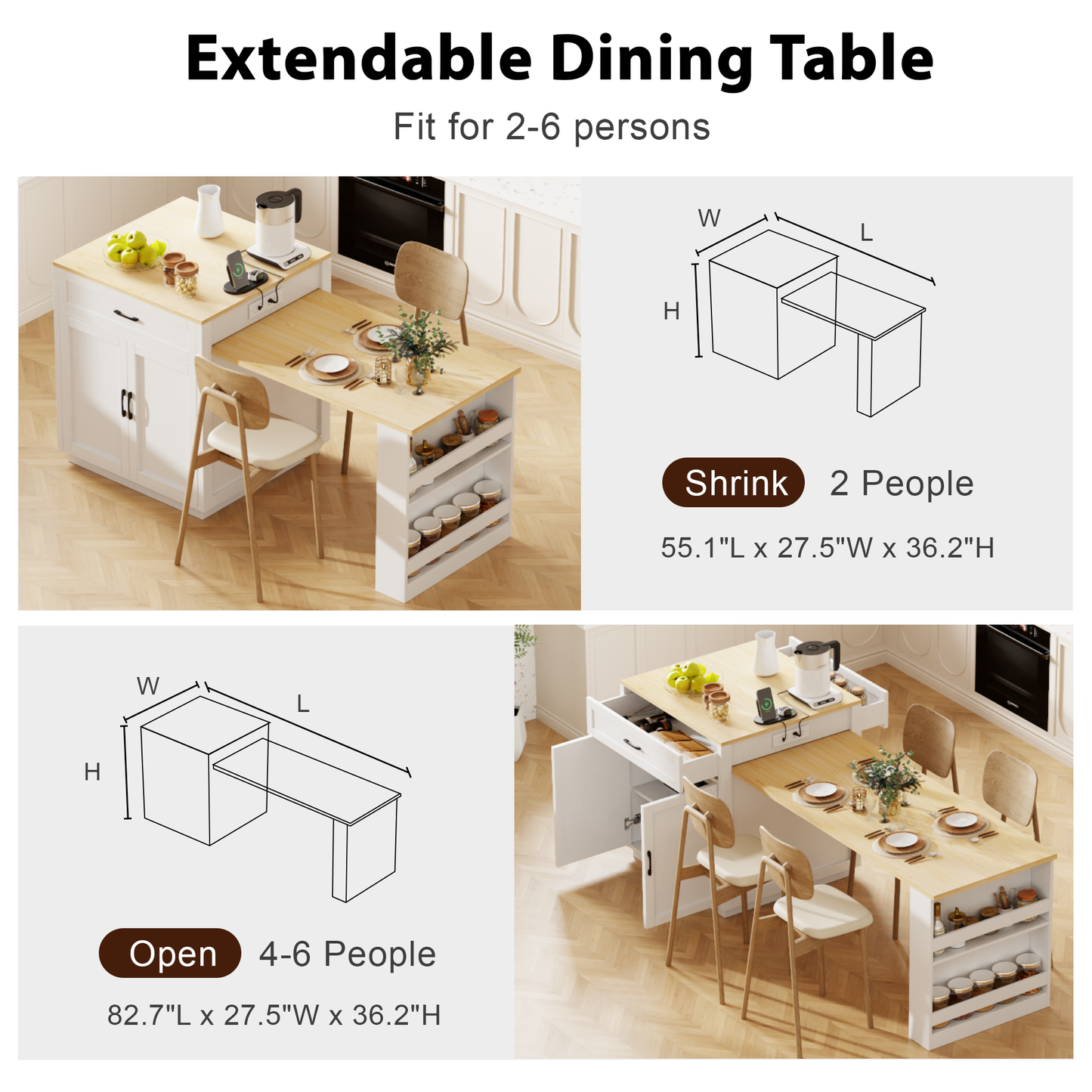 82.7 - inch Kitchen Island: Extendable Table for 4 - 6, Double - sized Storage & Power Outlet