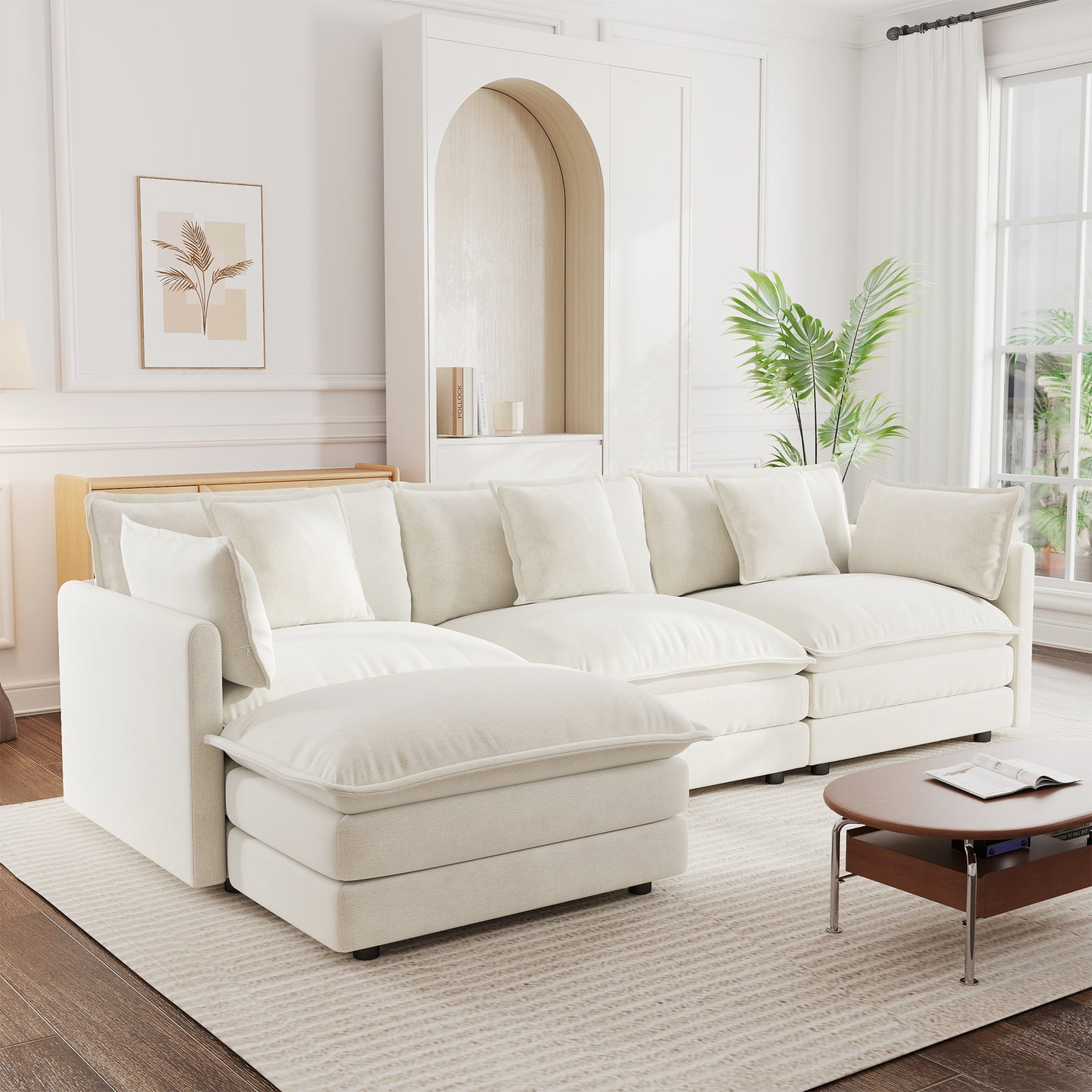 Sectional Sofa with Reversible Footrest – 2-4 Seater Convertible Corner Couch with 1-2 Ottomans, Modern Minimalist Chenille Sofa