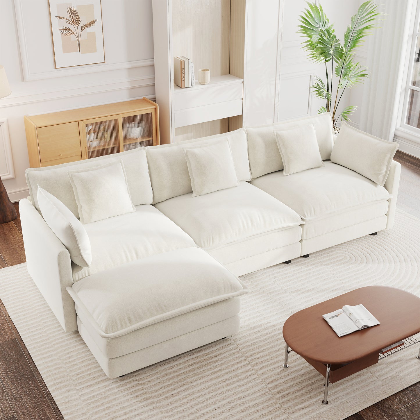 Sectional Sofa with Reversible Footrest – 2-4 Seater Convertible Corner Couch with 1-2 Ottomans, Modern Minimalist Chenille Sofa