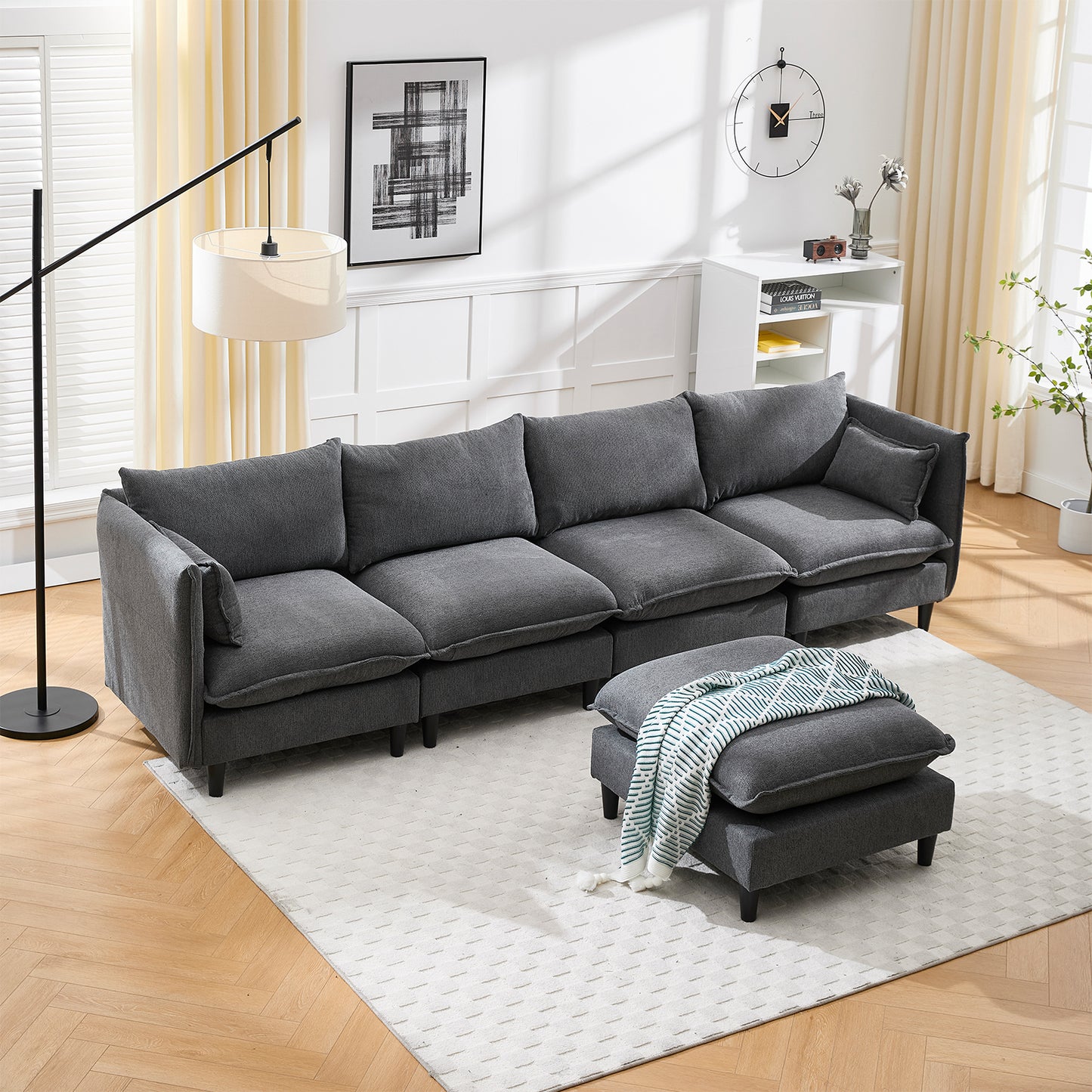 Modular L - Shaped Sectional Sofa for Living Room: 4 - Seater with Movable Ottoman 2 Colors