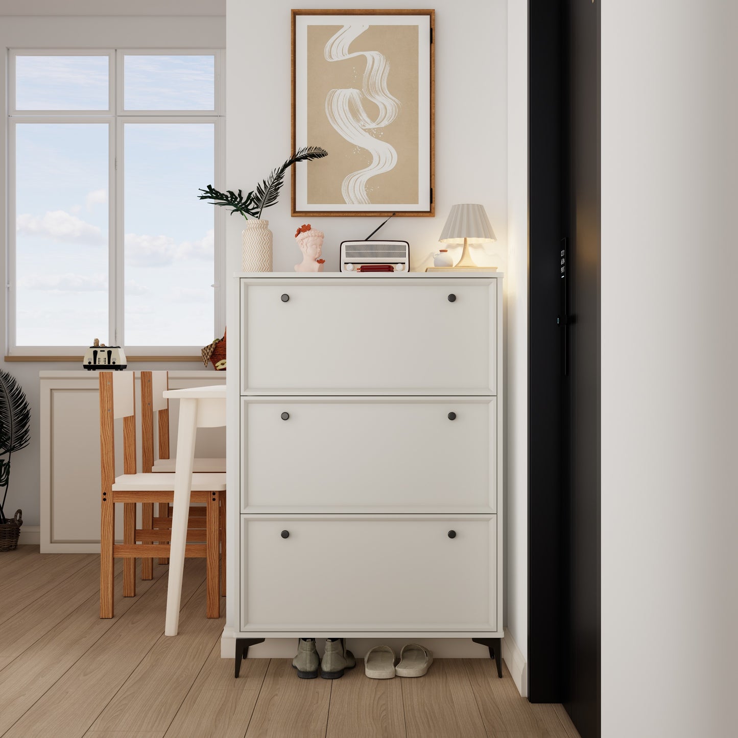 Modern Stylish White Entrance Shoe Cabinet: 3 Flip Drawers, Narrow & Hidden Design