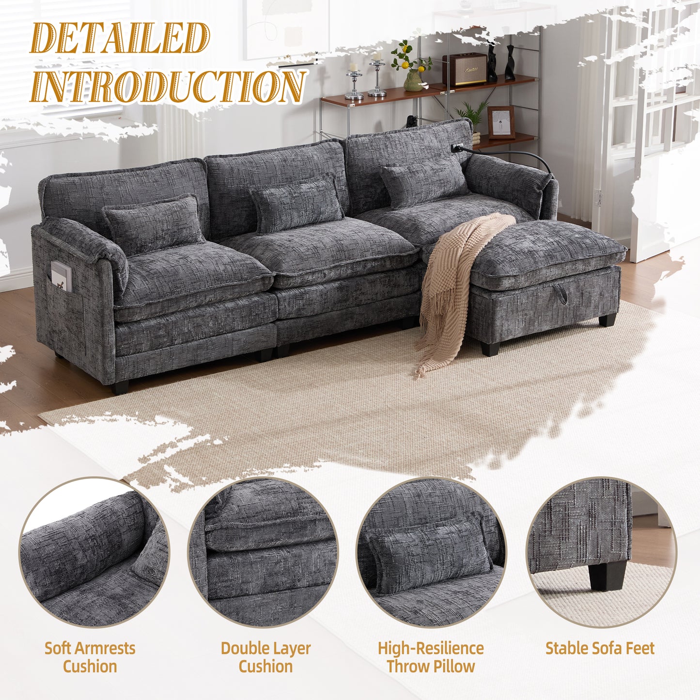Modern Chenille L Shaped Couch, Comfy Boucle Modular Sofa Sleeper with Movable Storage Ottoman, Phone Holder, USB Charging Port