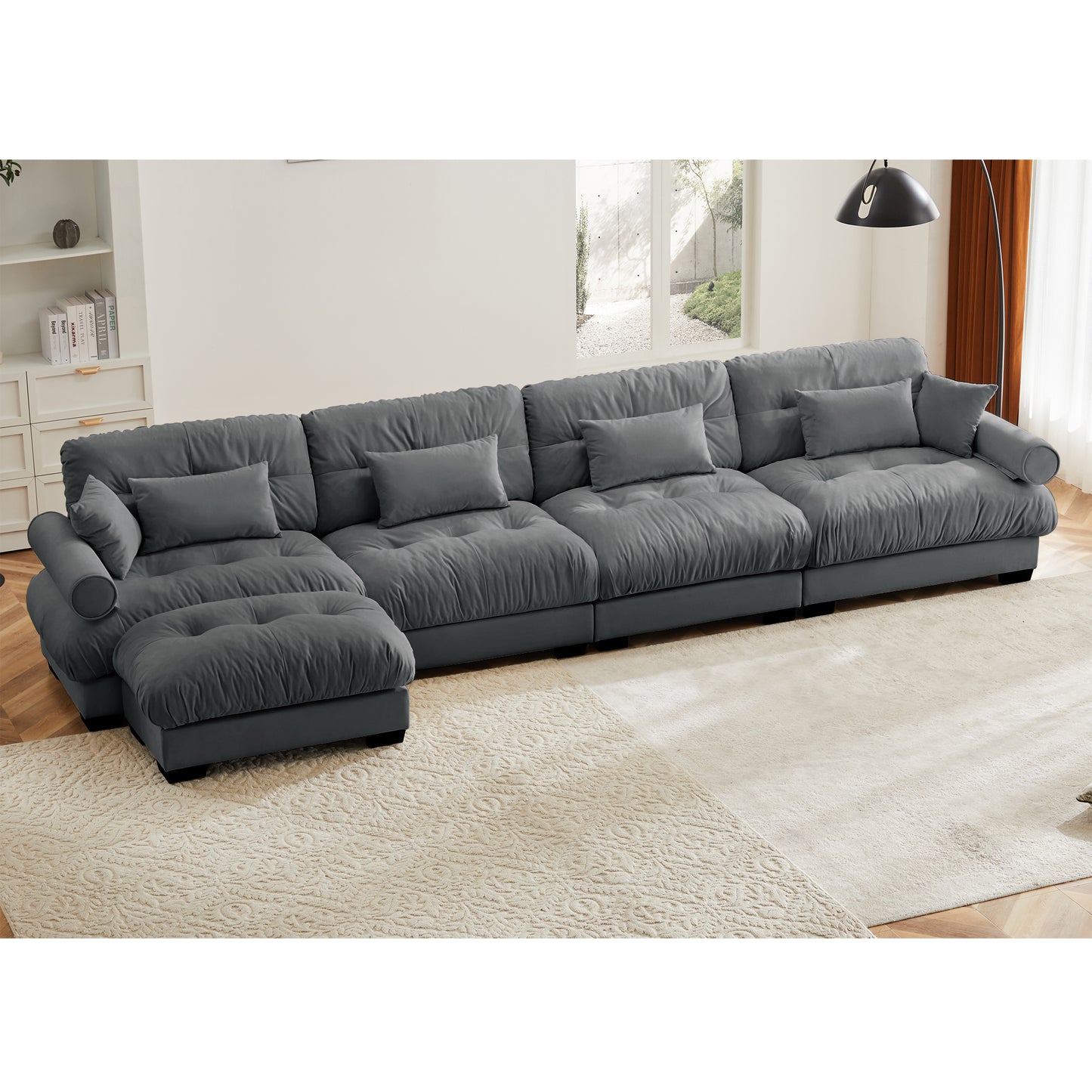 Deep Seat Cloud Couch Modular Velvet Sectional Sofa Couch with Movable Ottoman,Corner Sectional with Bolstered Armrests