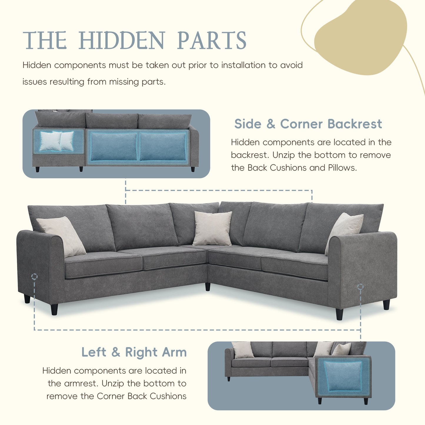 L - Shape Furniture Couch: 91*91", Modern Upholstery, 3 Pillows Dark Gray