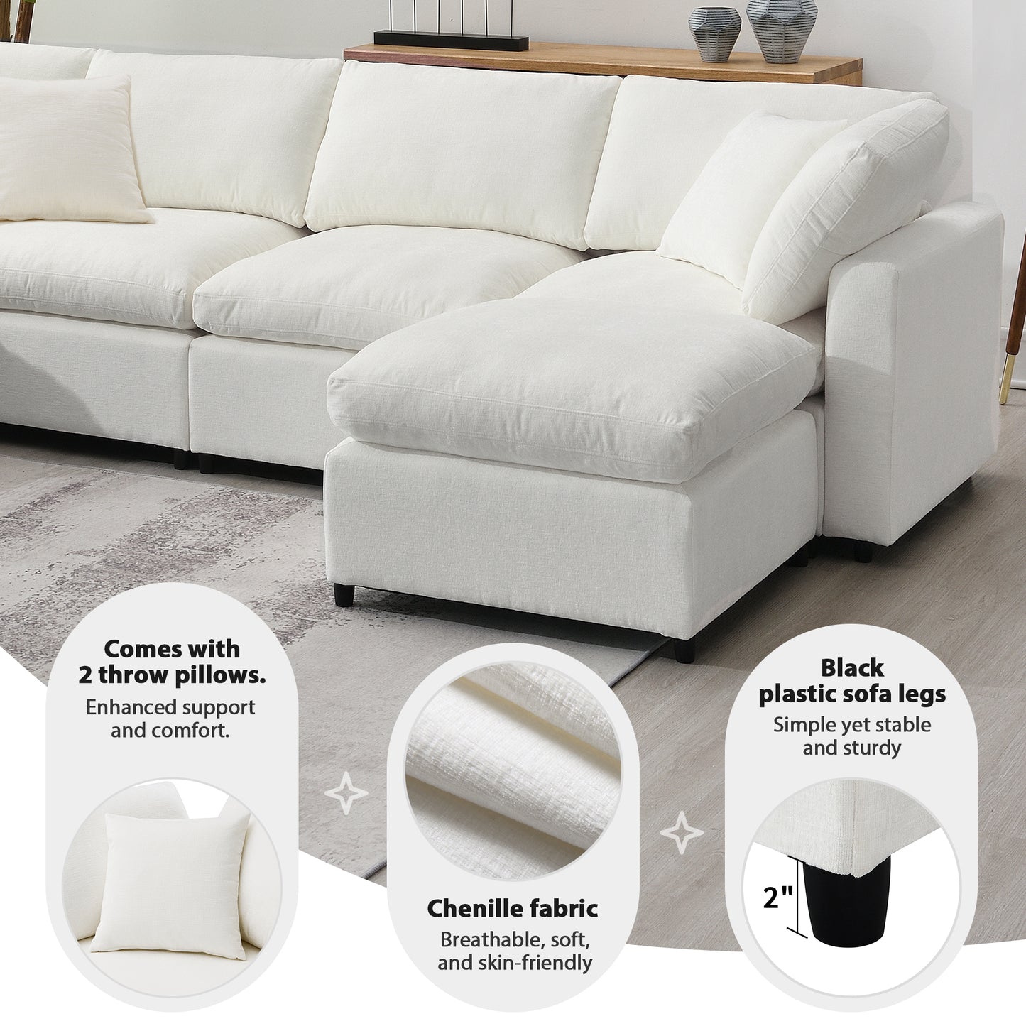 130" Modern Modular Cloud Sofa Bed: 6 - Seat Chenille Sectional with Ottoman, Free - Combo, U - Shaped Sleeper for Living Room
