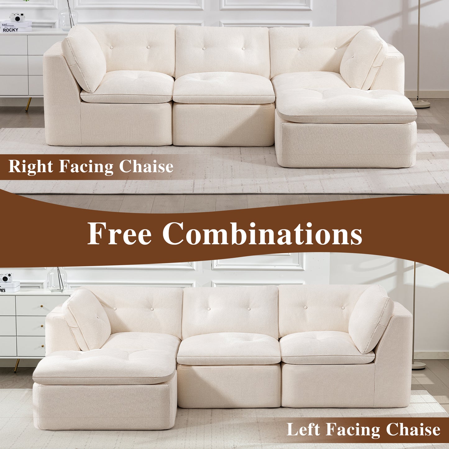 Modern Cloud-Style Living Room Sofa – Deep Seat Convertible L-Shaped Frame-Free Sofa with Ottoman, Oversized 4-Seater Chenille Fabric Compressed Sofa, Modular Sectional Sofa