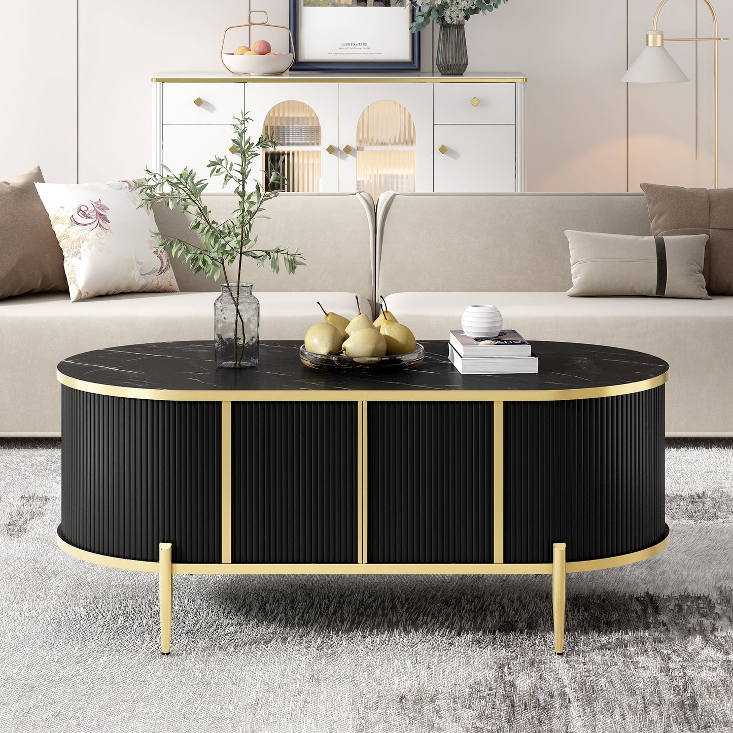 Modern Luxury Living Room Coffee Table: Oval Fluted, Marble - Patterned Top