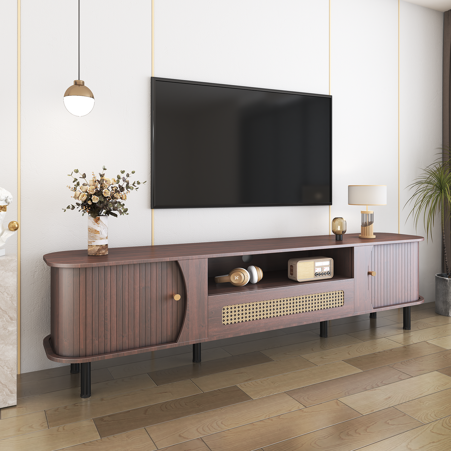 Modern Curved TV Stand for 80 - Inch TVs: Farmhouse - Style with Cable Management 3 Colors