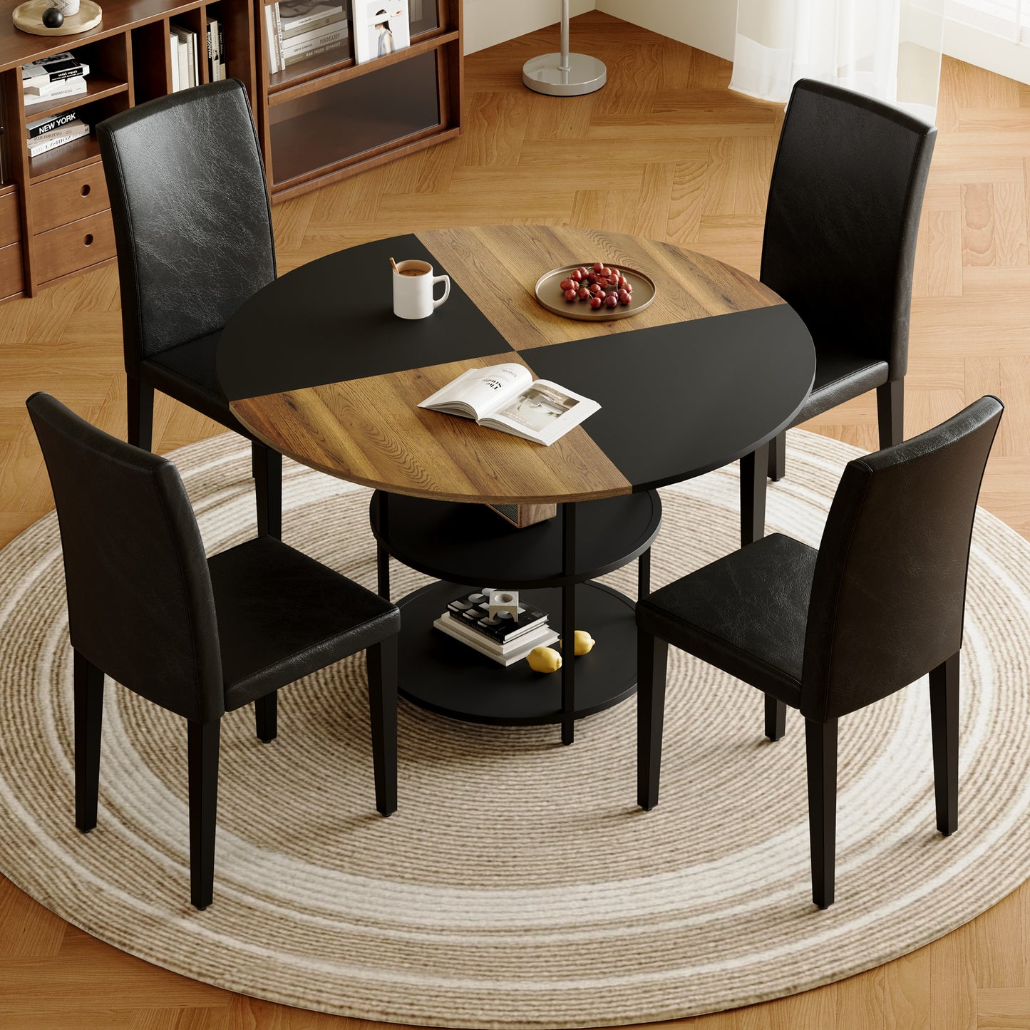 47.3 - Inch Spliced - Color Circular Dining Table Set: 4-6 Black PU Chairs, Double - Layer Storage