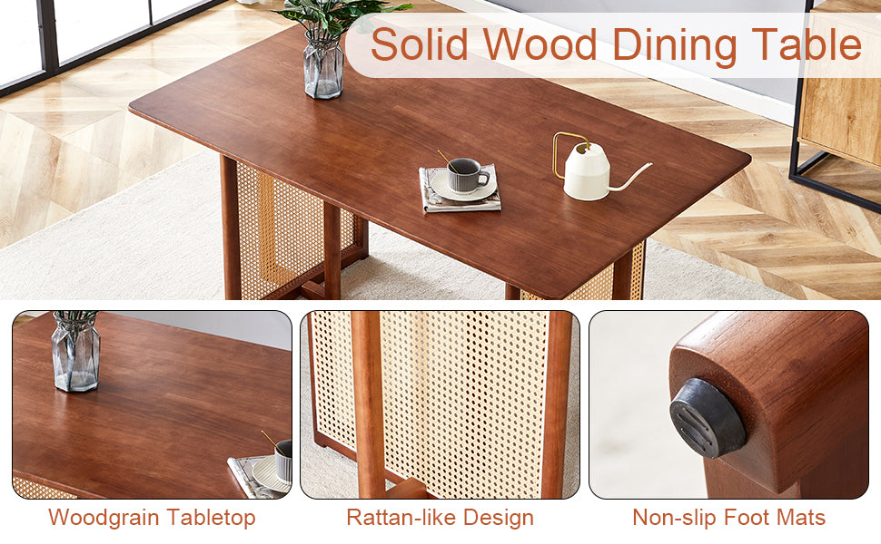 Ancient Style Solid Wood Dining Table Set: Imitation Rattan Legs, 4 - 6 Rubberwood Chairs