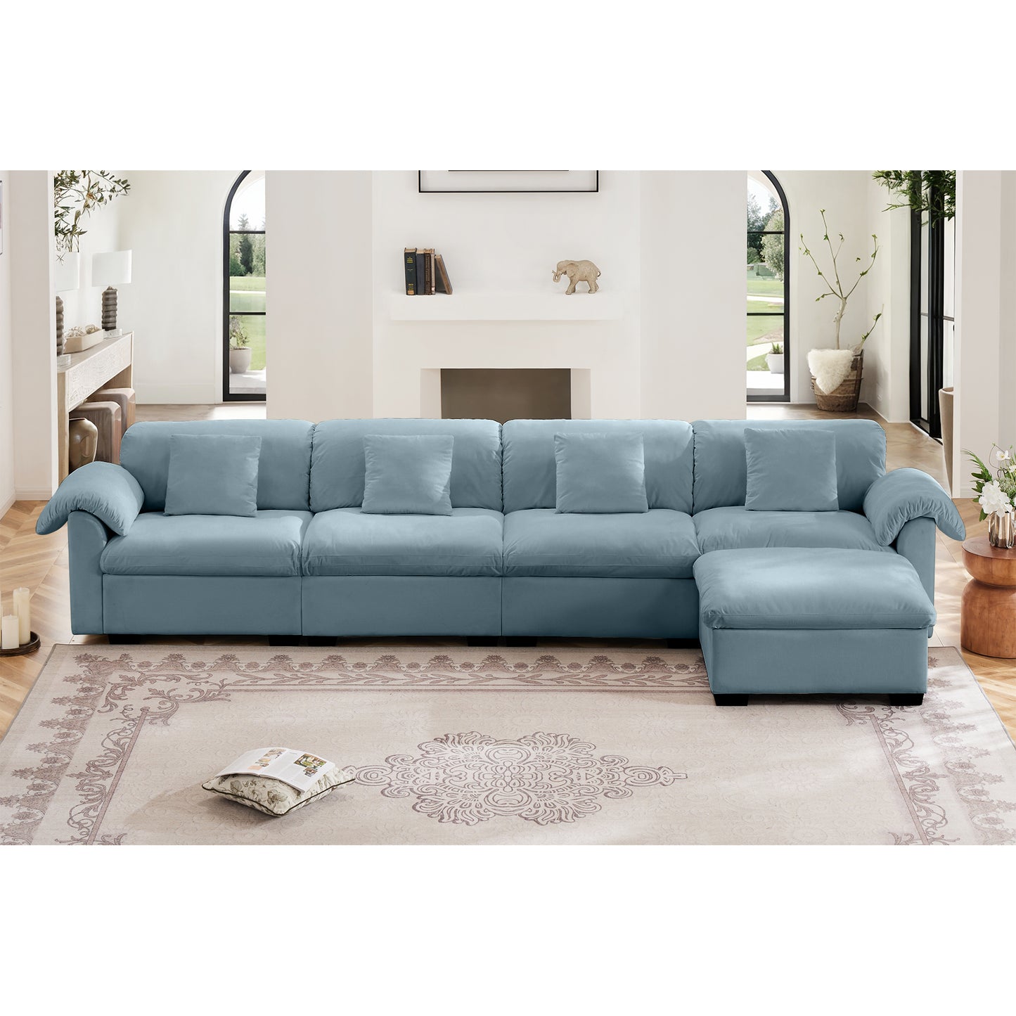 3 - 4 Seater Modular Sofa: U/L - Shape, Storage Ottomans, Velvet 2 Color