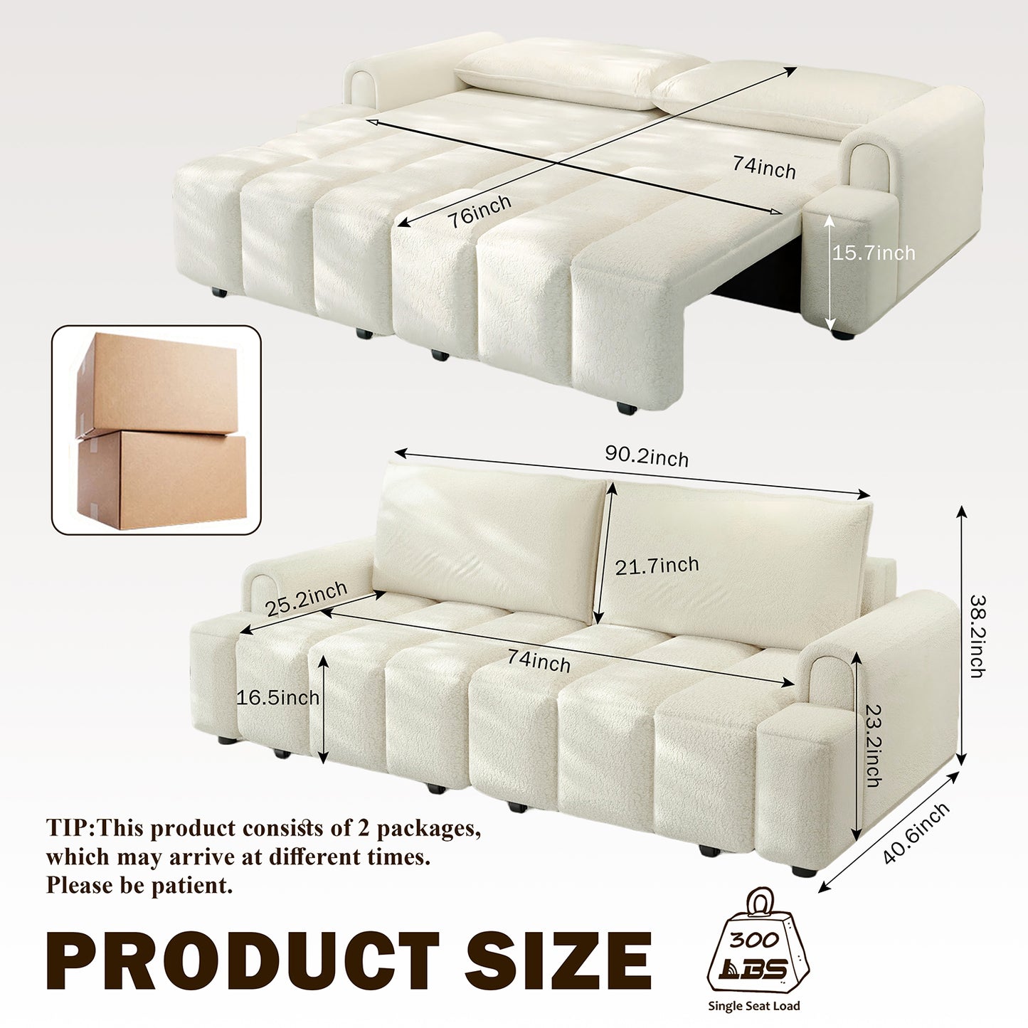 4-Seater Modern Teddy Fabric Couch with Seats Storage, King Size 3-in-1 Convertible Sleeper Sofa Bed