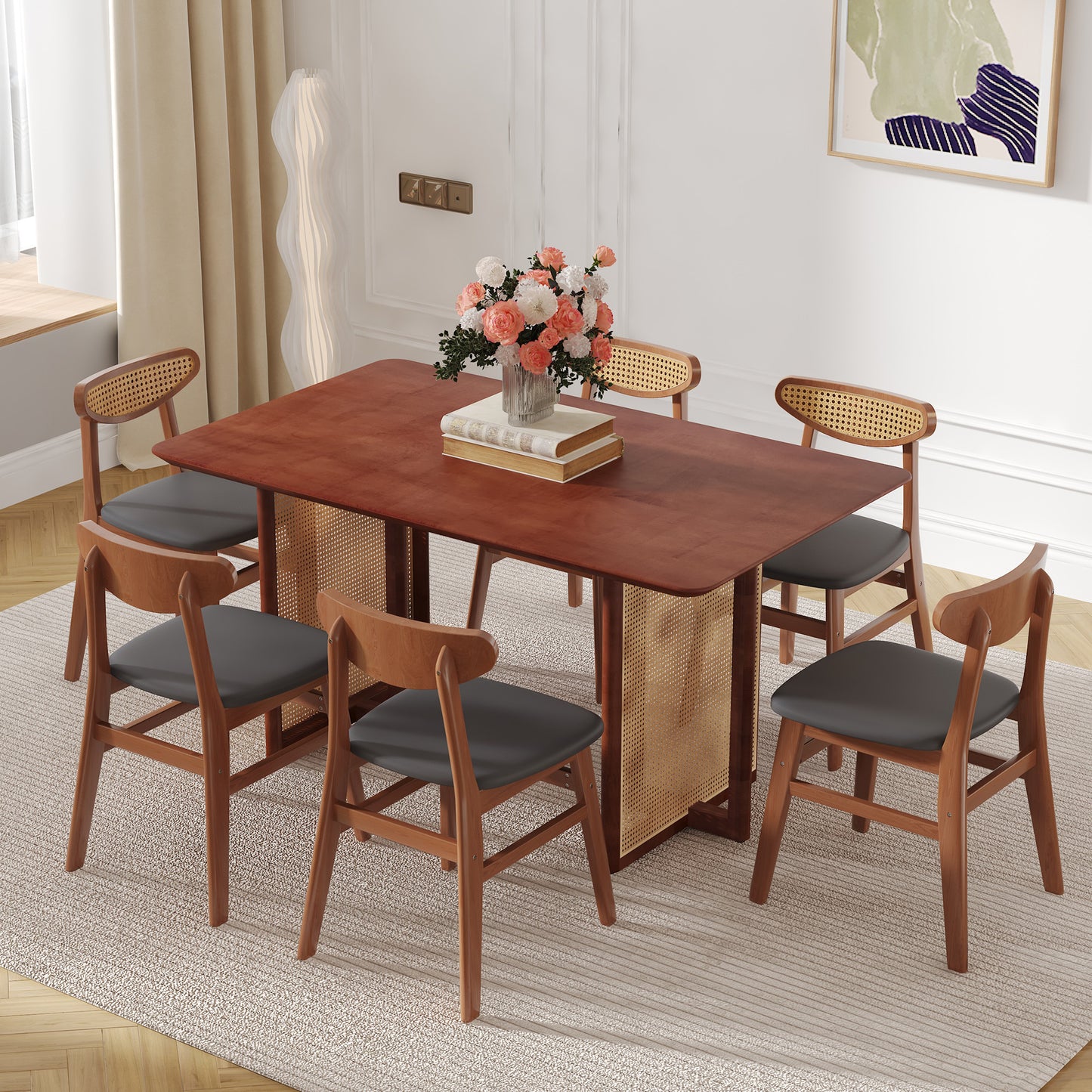 Ancient Style Solid Wood Dining Table Set: Imitation Rattan Legs, 4 - 6 Rubberwood Chairs