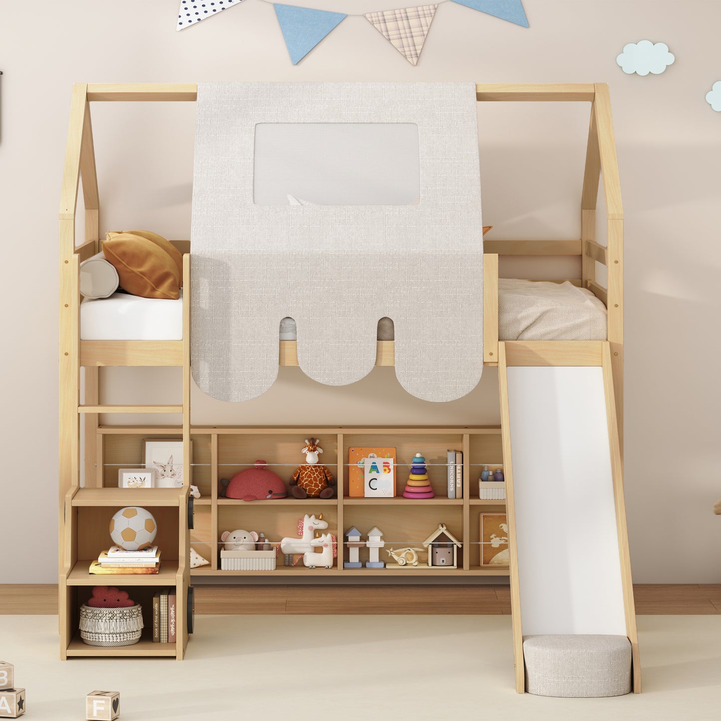 Wooden Loft Bed with House - Shaped Frame and Tent: Ideal for Kids' Rooms