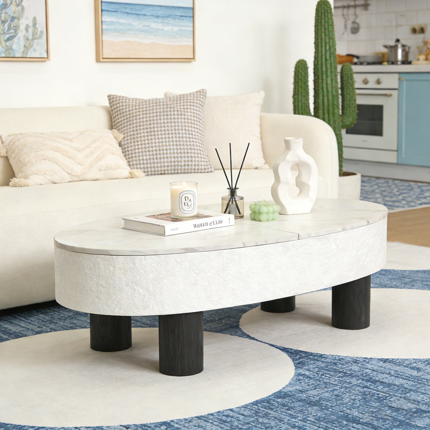 Oval Coffee Table with Faux Marble Tabletop & Hidden Drawer – Mid-Century Modern Storage Coffee Table for Living Room (White+Black)