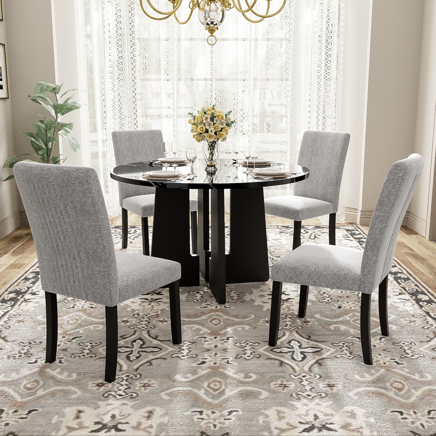 5 - Piece Round Dining Table Set: 43 - Inch Modern Table with 4 Upholstered Chairs, Easy Assembly for Dining Room